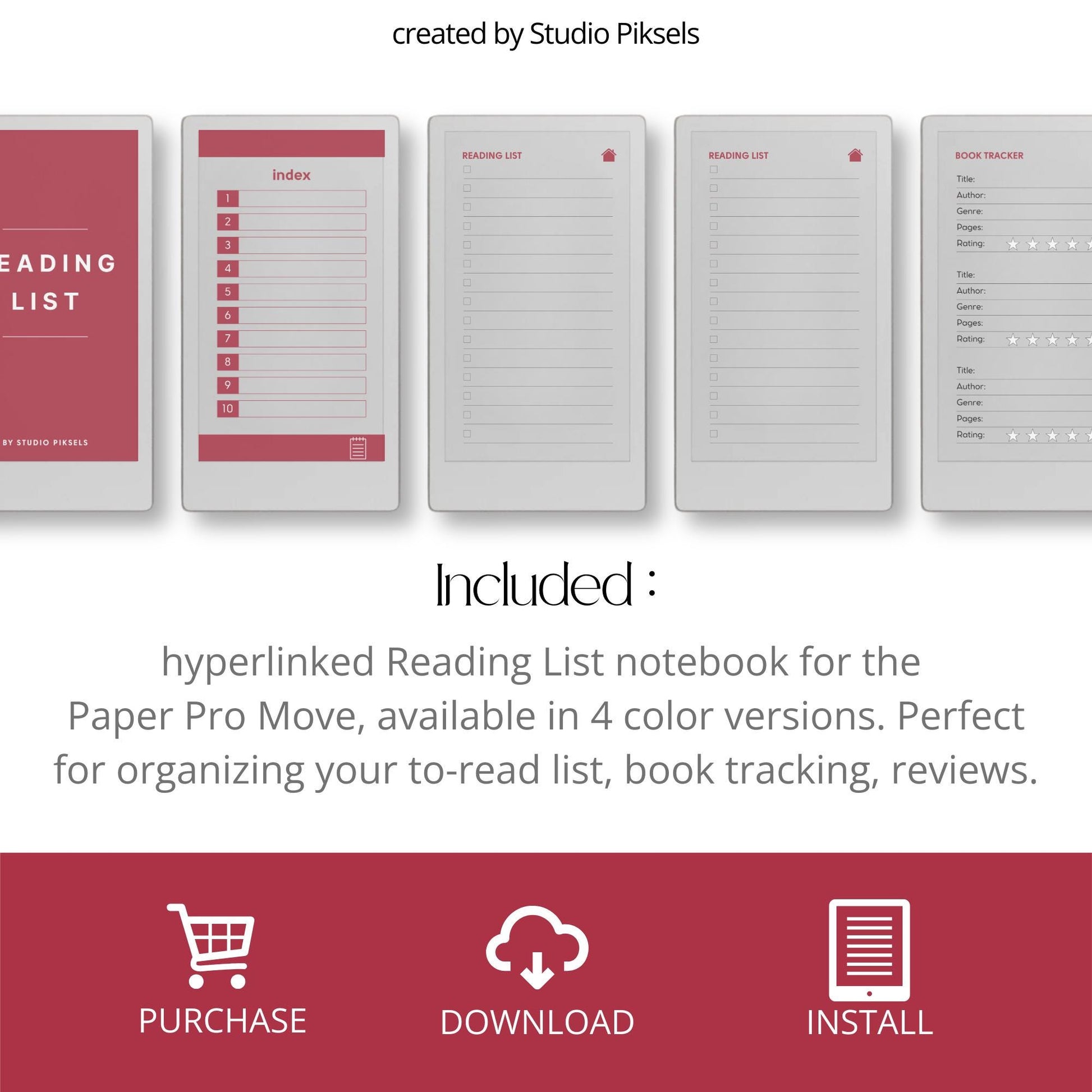 Reading tracker for reMarkable Paper Pro Move with hyperlinked sections and book rating pages.