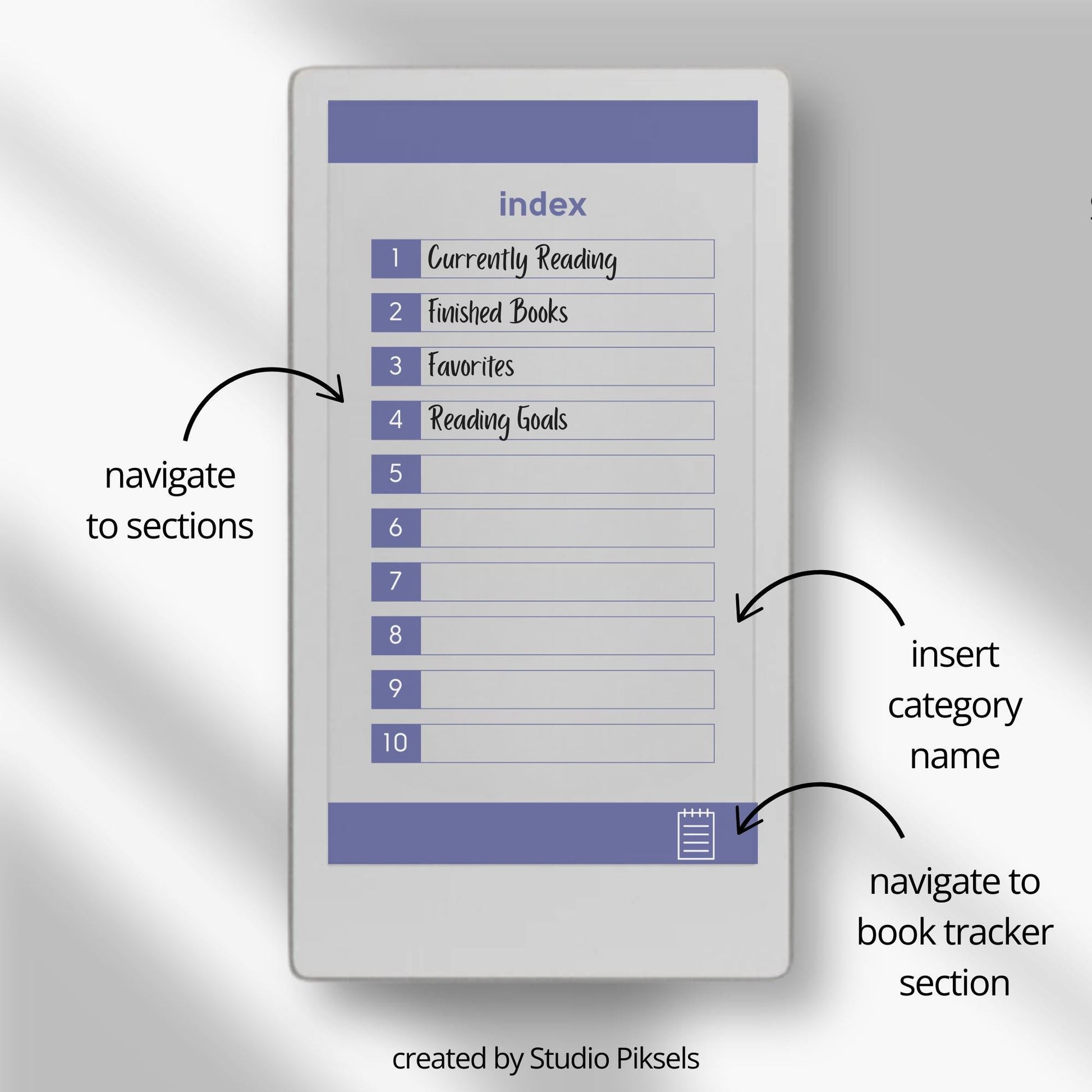 Reading tracker for reMarkable Paper Pro Move with hyperlinked sections and book rating pages.