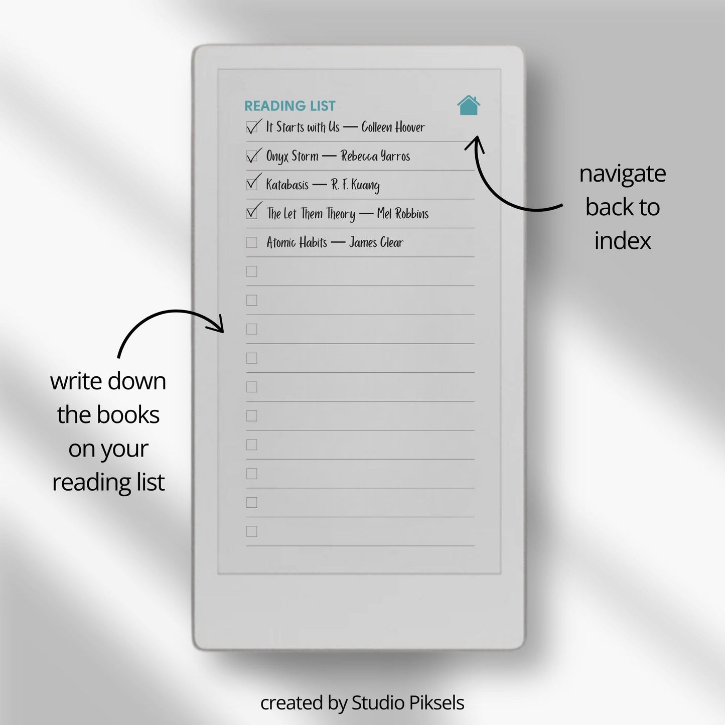 Reading tracker for reMarkable Paper Pro Move with hyperlinked sections and book rating pages.