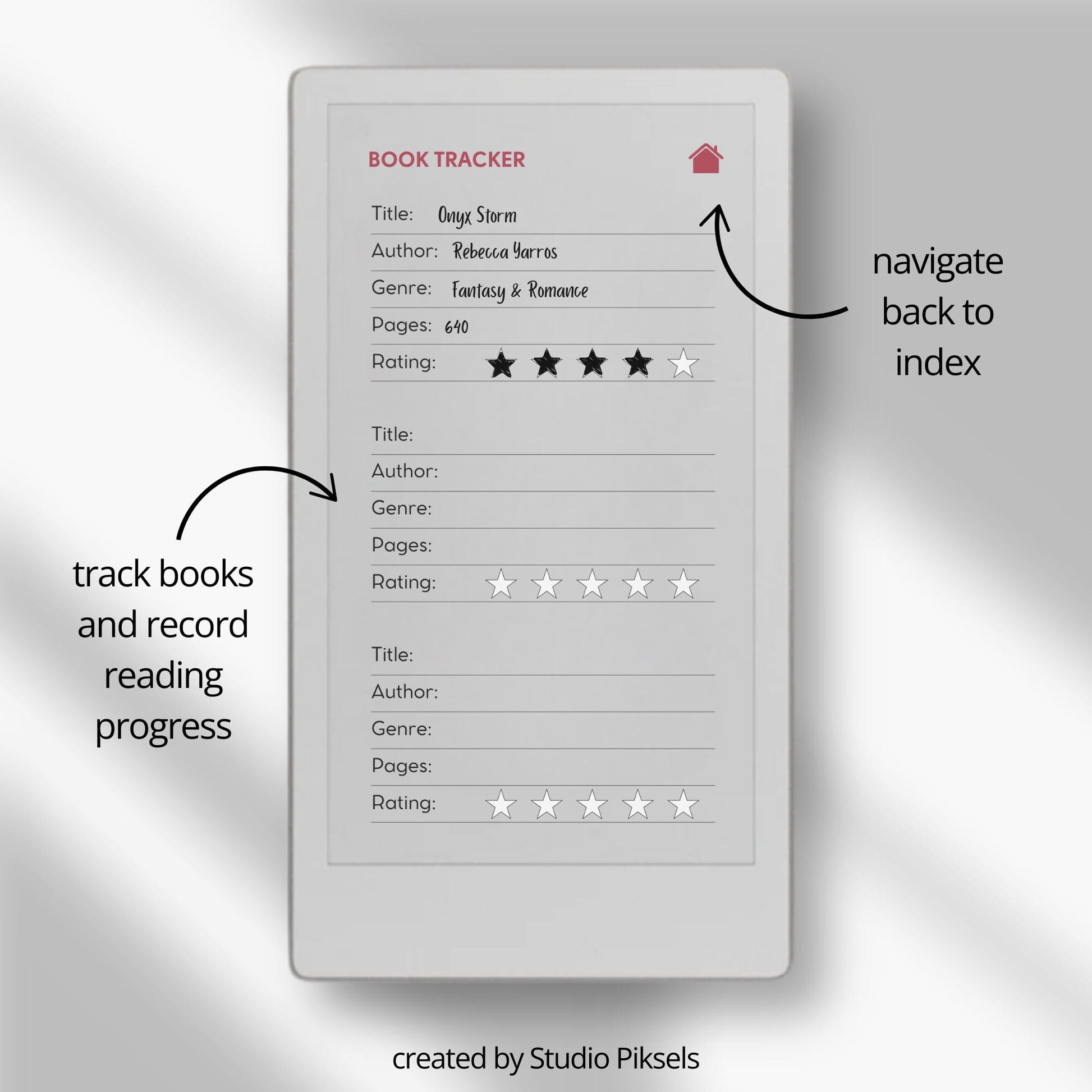 Reading tracker for reMarkable Paper Pro Move with hyperlinked sections and book rating pages.