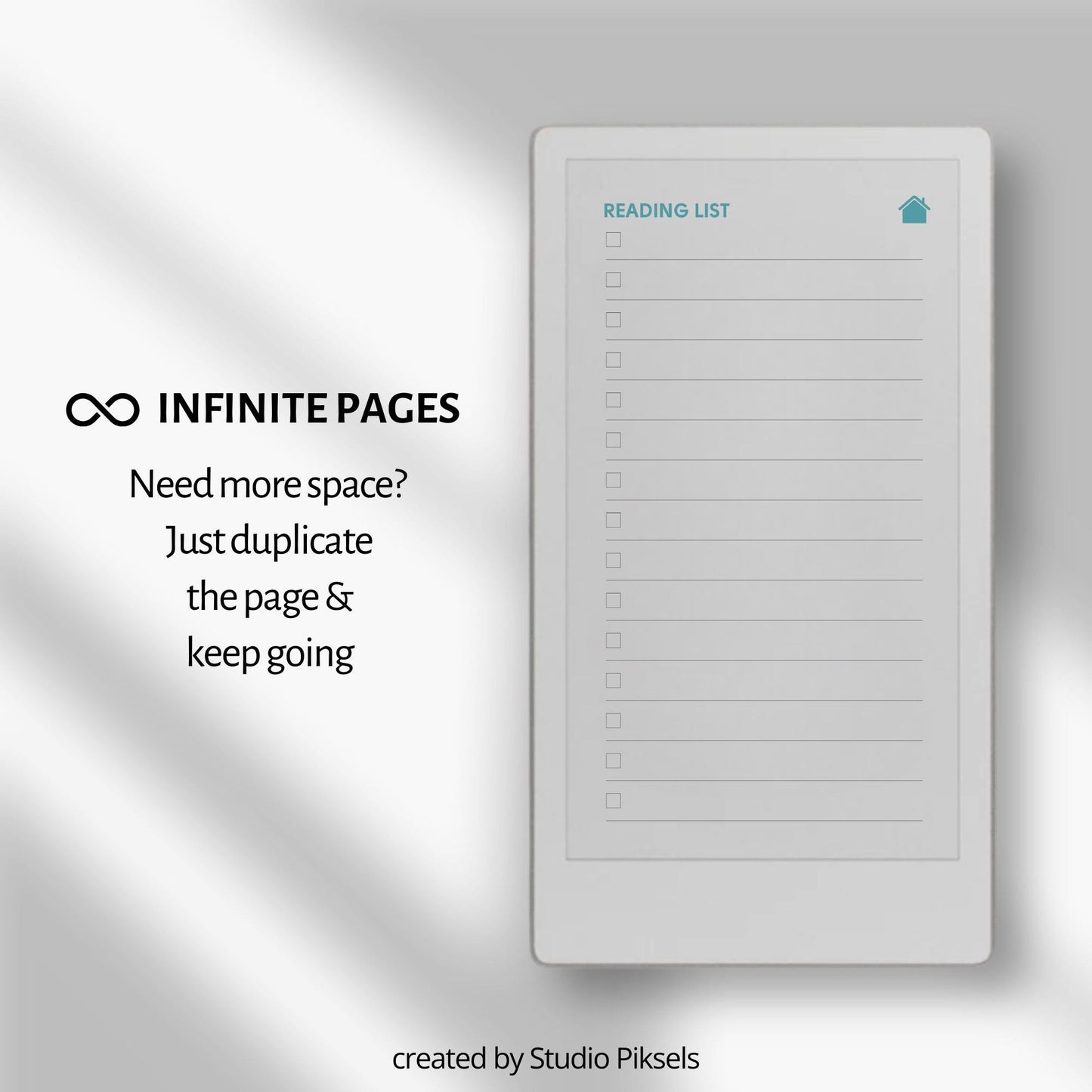 Reading tracker for reMarkable Paper Pro Move with hyperlinked sections and book rating pages.