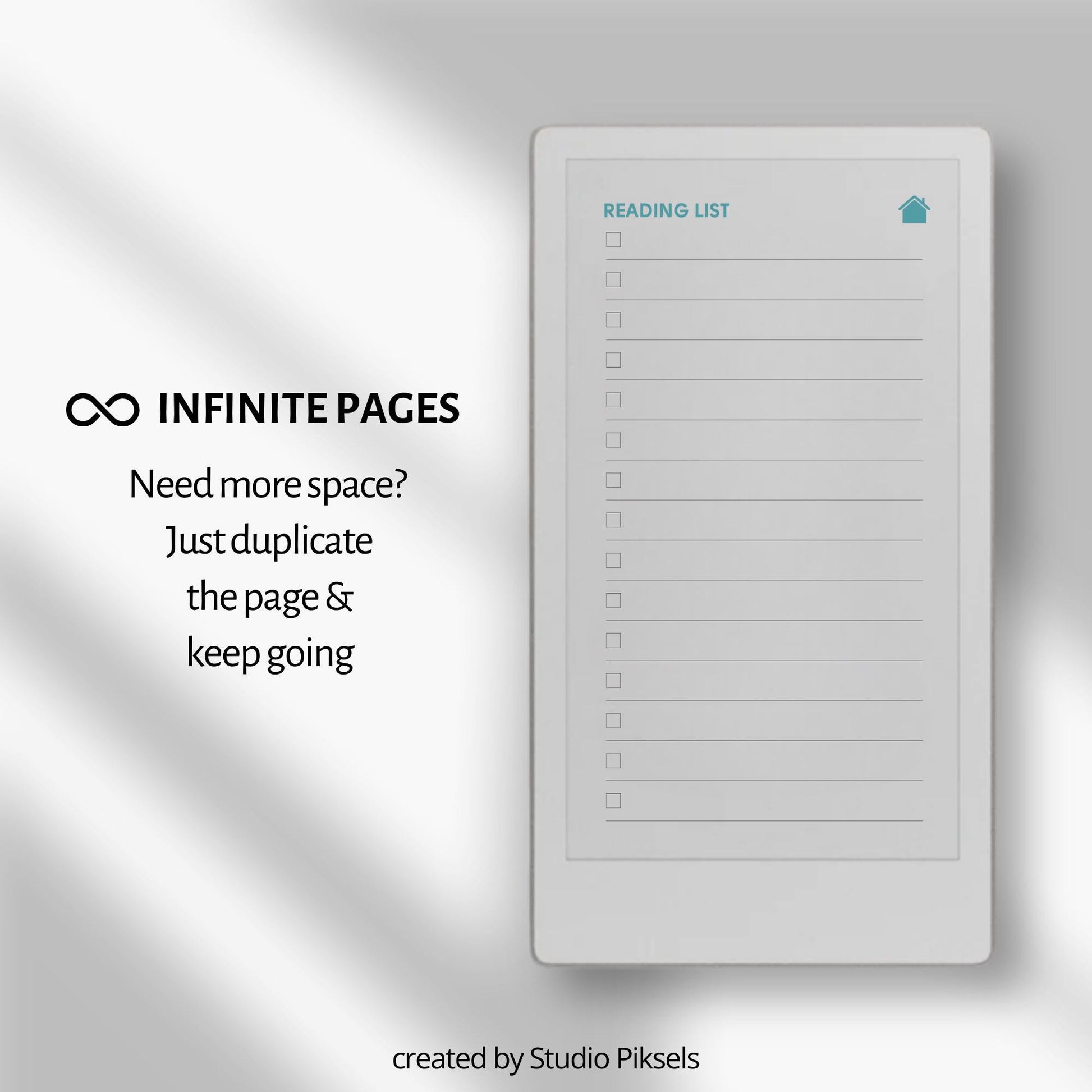 Reading tracker for reMarkable Paper Pro Move with hyperlinked sections and book rating pages.