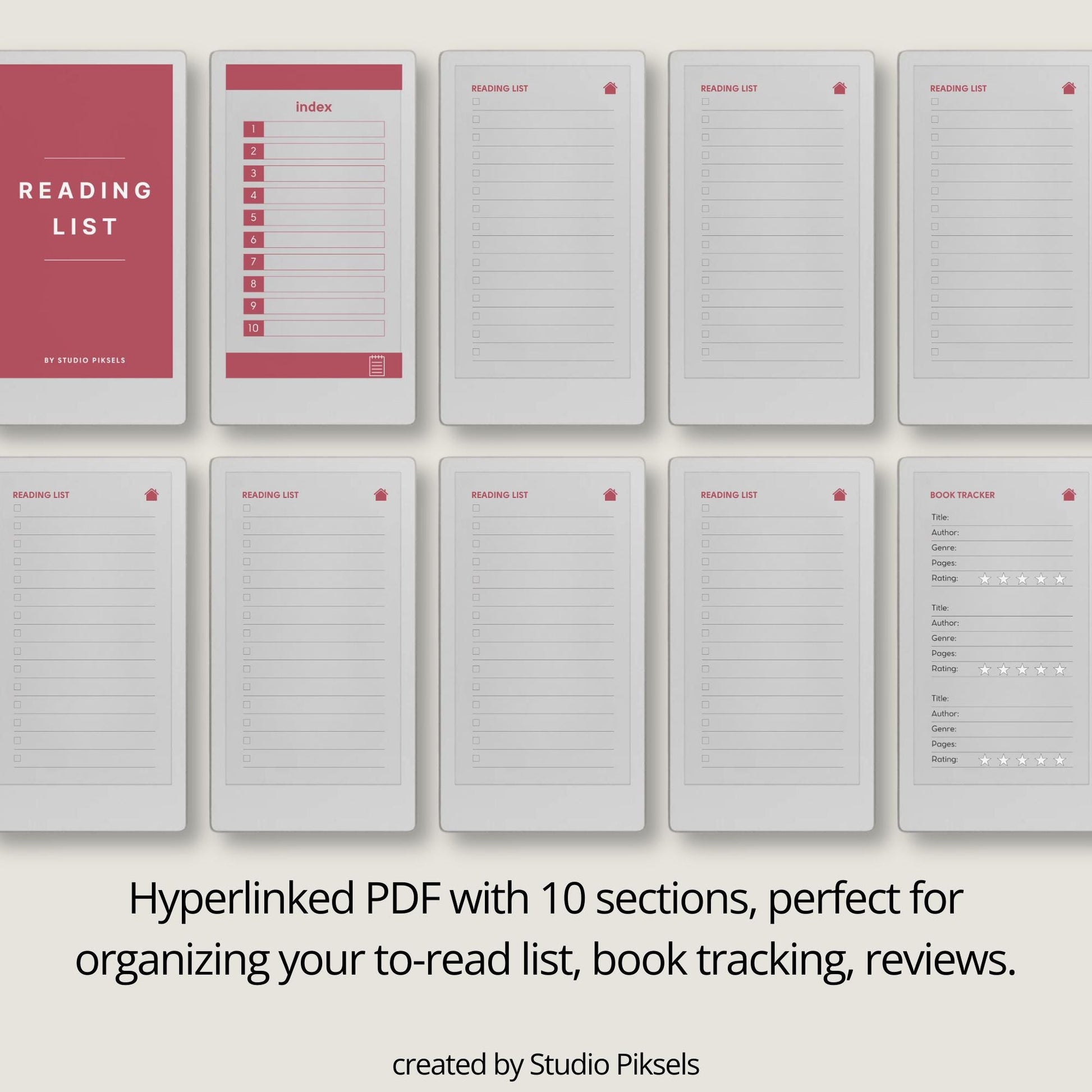 Reading tracker for reMarkable Paper Pro Move with hyperlinked sections and book rating pages.