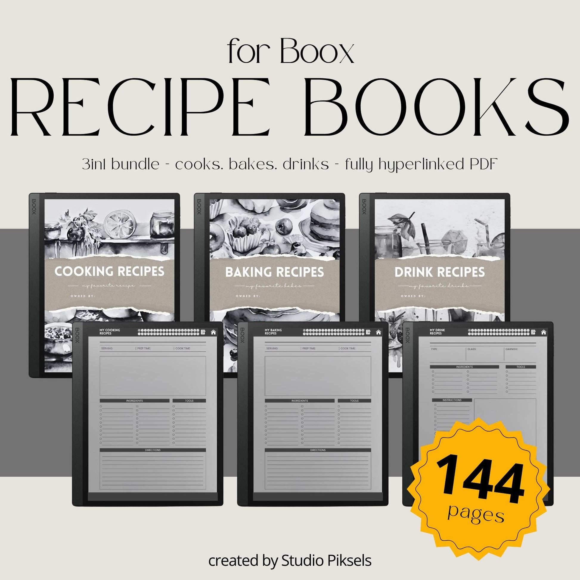 Recipe Book Collection for BOOX tablets with hyperlinked cooking, baking, and drink recipe pages in grayscale digital notebook layouts.