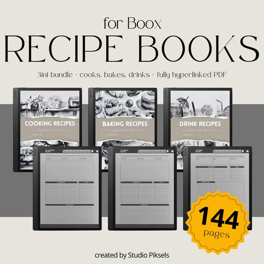 Recipe Book Collection for BOOX tablets with hyperlinked cooking, baking, and drink recipe pages in grayscale digital notebook layouts.