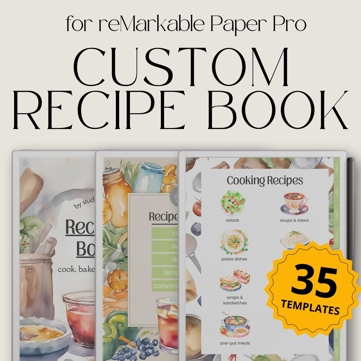 Hyperlinked Recipe Book for reMarkable Paper Pro with customizable recipe templates, meal planning pages, recipe trackers, cooking layouts, and digital cookbook organization tools.