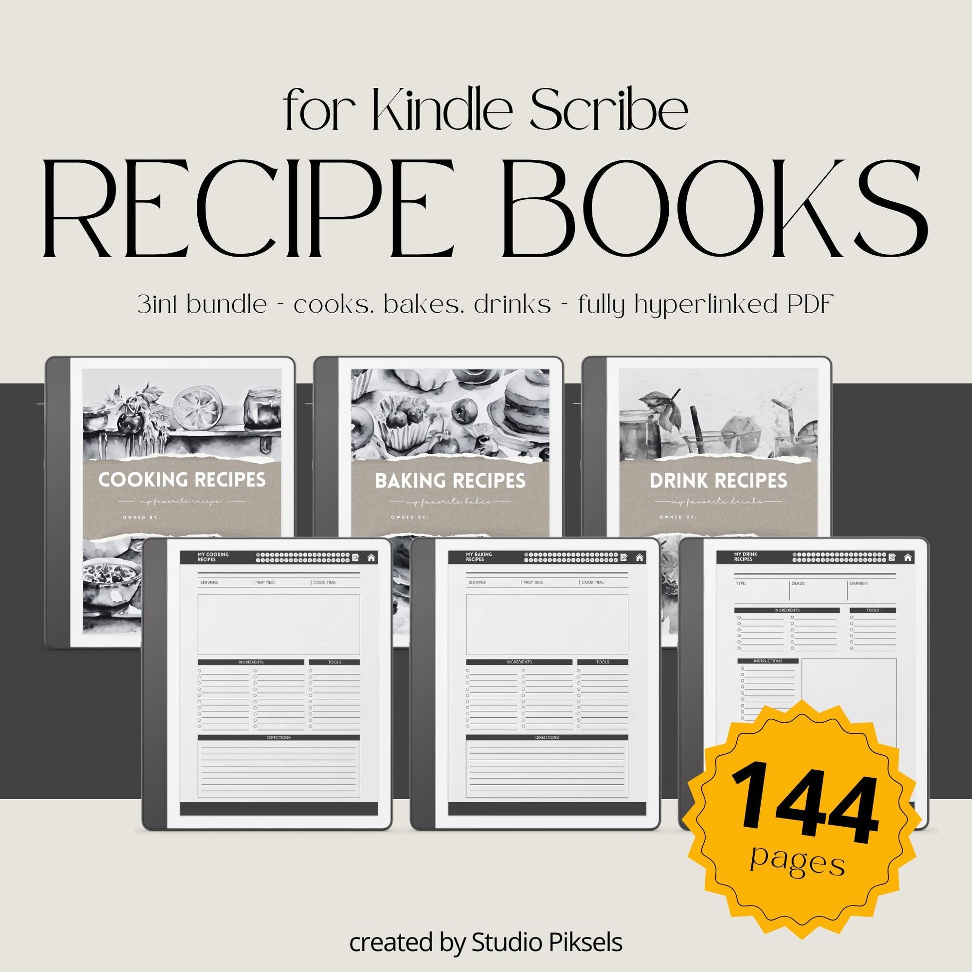Hyperlinked Recipe Books Collection for Kindle Scribe featuring cooking, baking, and drink recipe templates with organized meal planning pages, recipe trackers, and digital cookbook layouts.