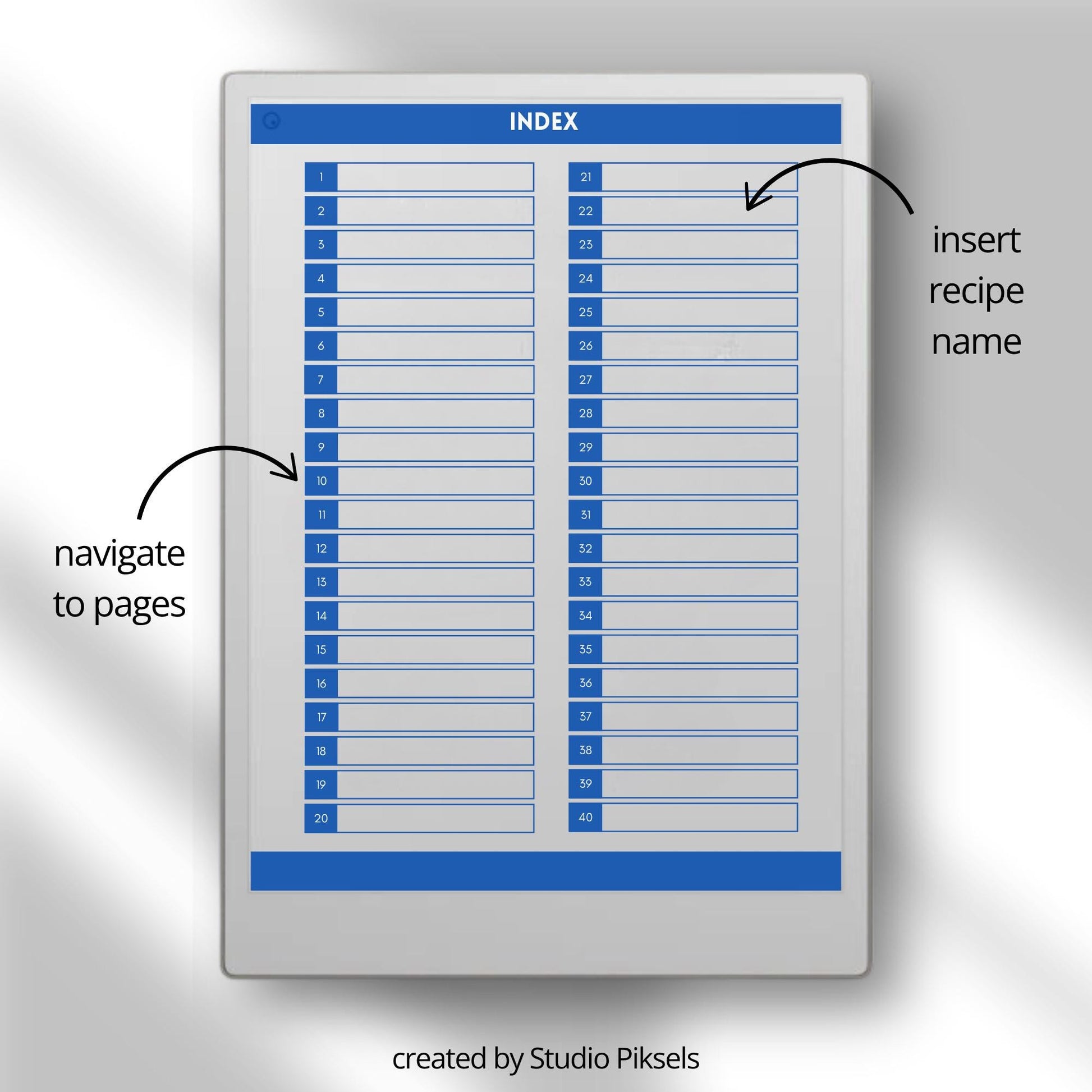 Recipe book collection for reMarkable Paper Pro with hyperlinked recipe pages.