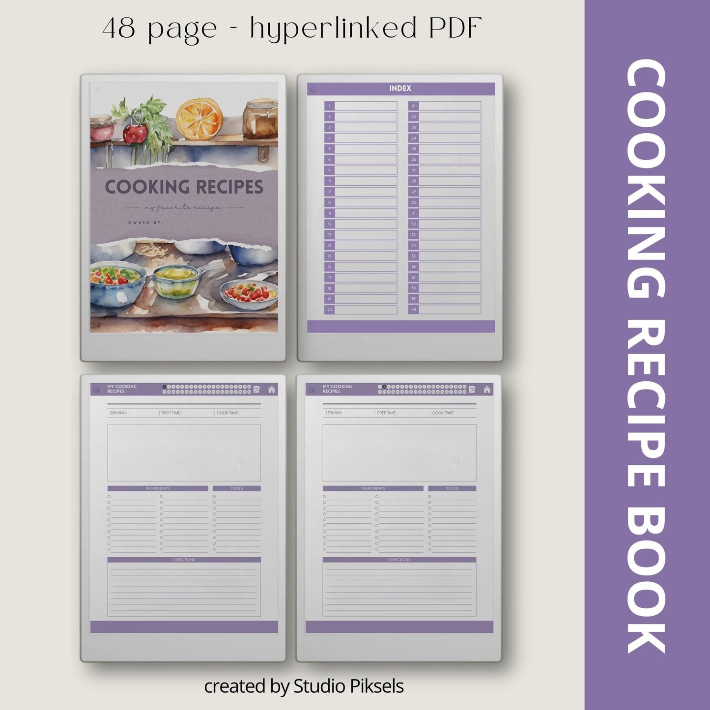 Recipe book collection for reMarkable Paper Pro with hyperlinked recipe pages.