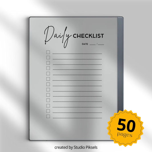 Checklist Notebook for reMarkable 2 and reMarkable Paper Pure featuring 50 reusable digital checklist pages with minimalist task management layouts.