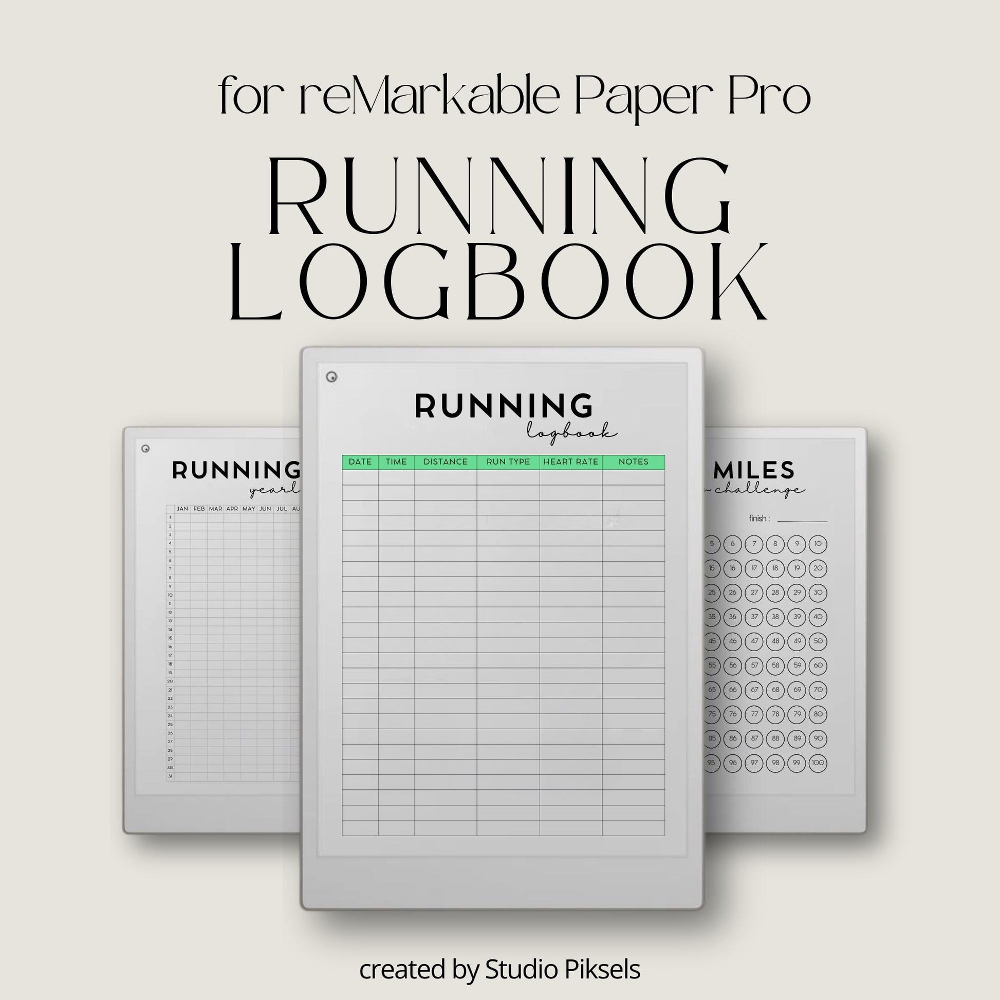 Running Planner for reMarkable tablets with yearly running trackers, mileage tracking pages, running log layouts, fitness goal planners, and digital training journals.