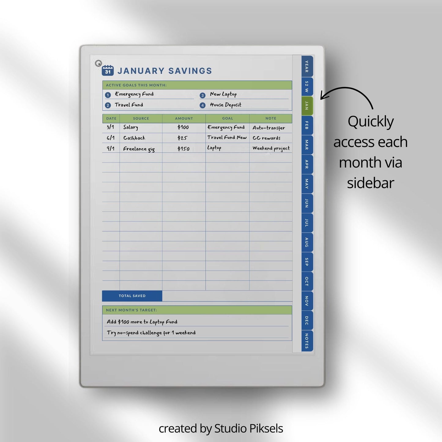 Hyperlinked savings tracker for reMarkable Paper Pro.