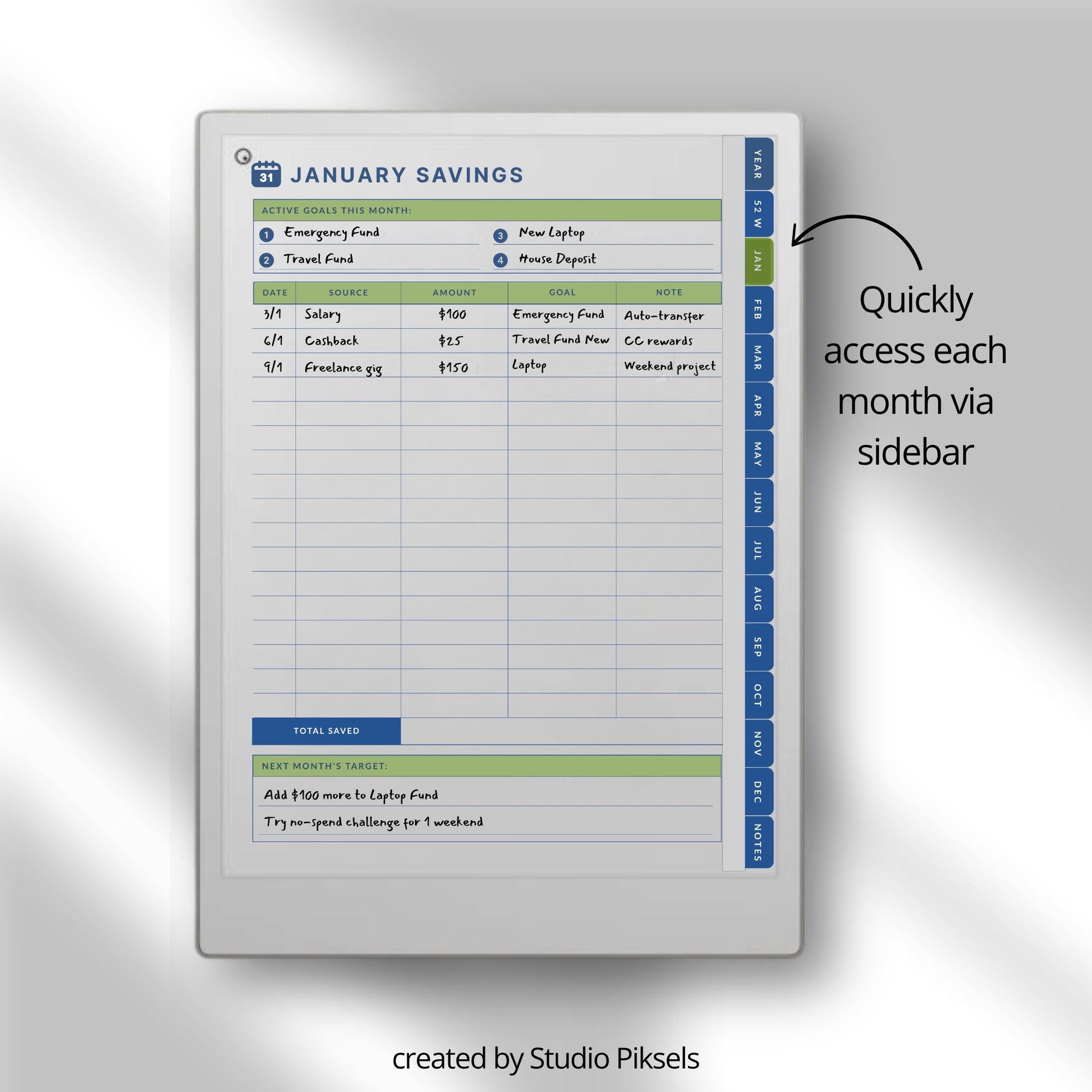 Hyperlinked savings tracker for reMarkable Paper Pro.