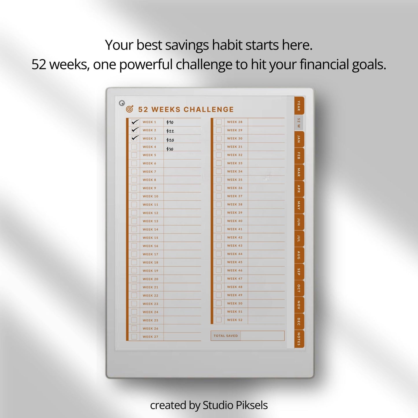 Hyperlinked savings tracker for reMarkable Paper Pro.