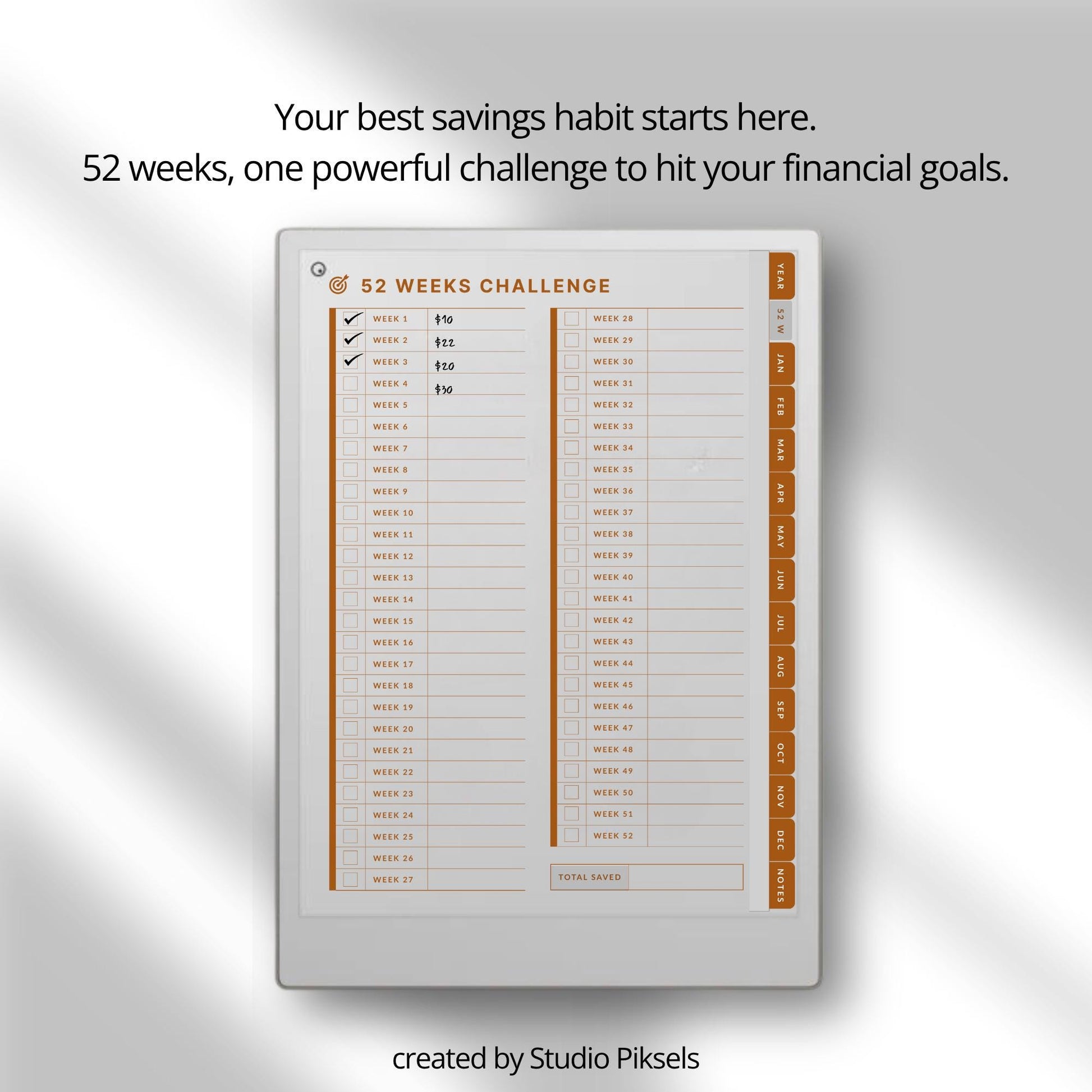Hyperlinked savings tracker for reMarkable Paper Pro.