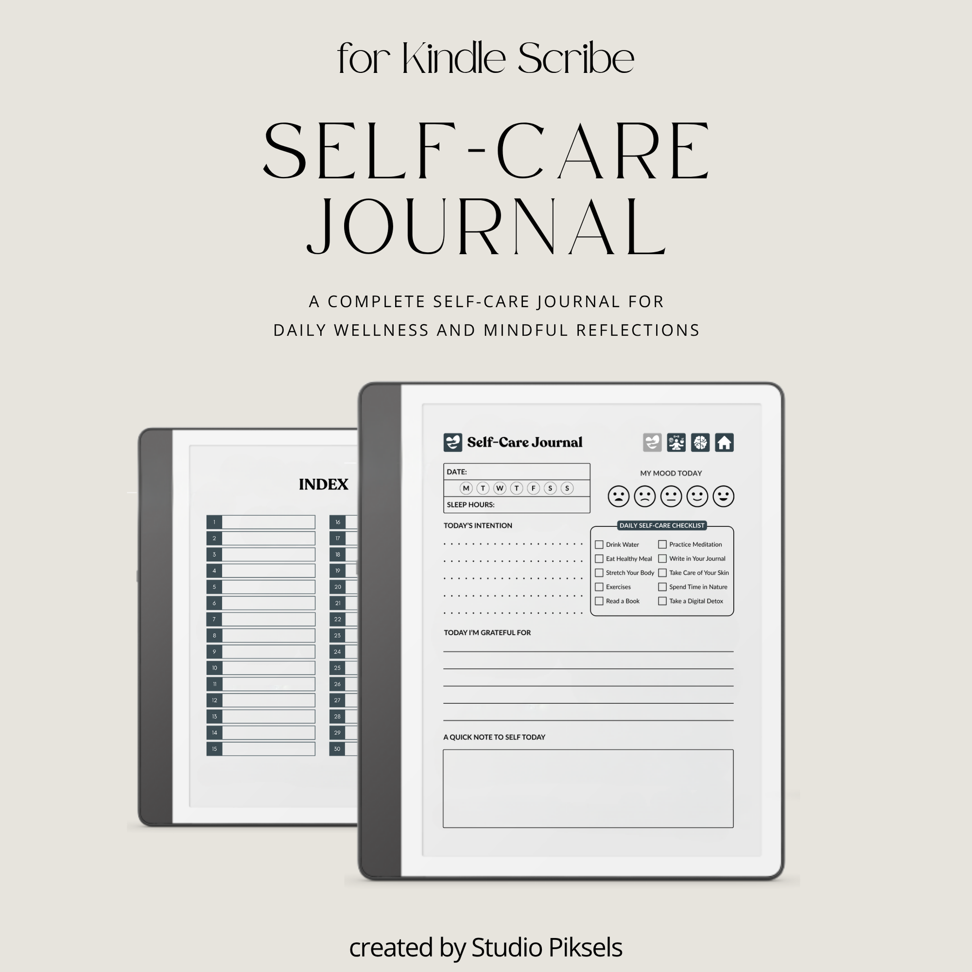 30-Day Self-Care Journal for Kindle Scribe featuring 30 daily self-care sections, habit trackers, brain dumps, six self-care bingo cards, and a grayscale monochrome hyperlinked PDF layout.