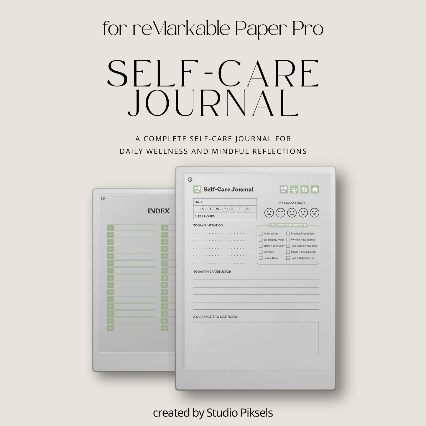 30-Day Self-Care Journal for reMarkable Paper Pro featuring daily self-care journal pages, habit trackers, brain dumps, and six bonus bingo cards