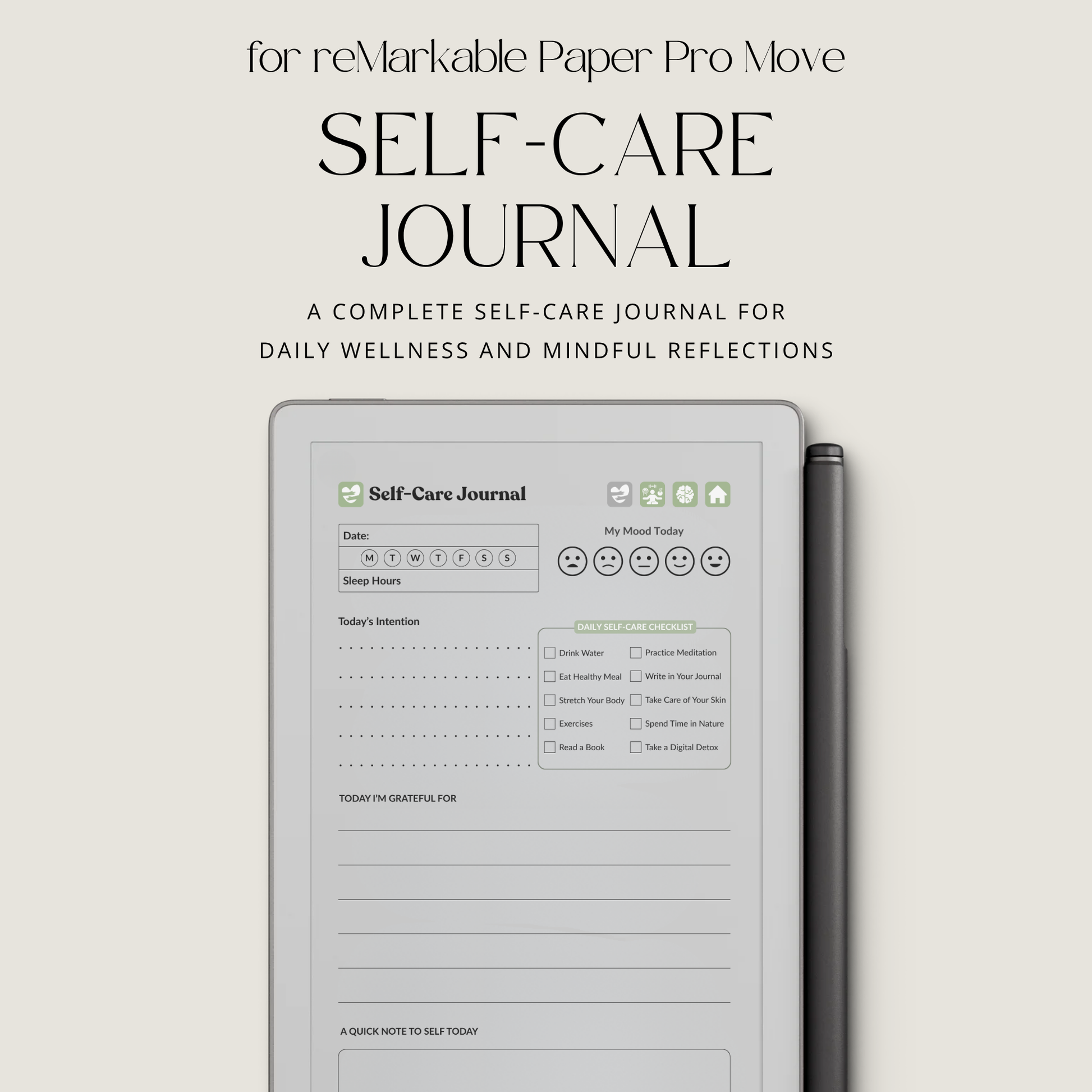 30-Day Self-Care Journal for reMarkable Paper Pro featuring daily self-care journal pages, habit trackers, brain dumps, and six bonus bingo cards
