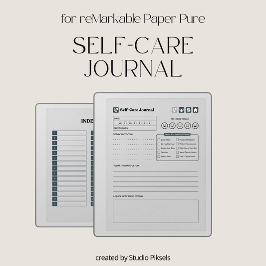 30-Day Self-Care Journal for reMarkable 2 and Paper Pure featuring 30 daily self-care sections, habit trackers, brain dumps, six self-care bingo cards, and a gray monochrome hyperlinked PDF layout.