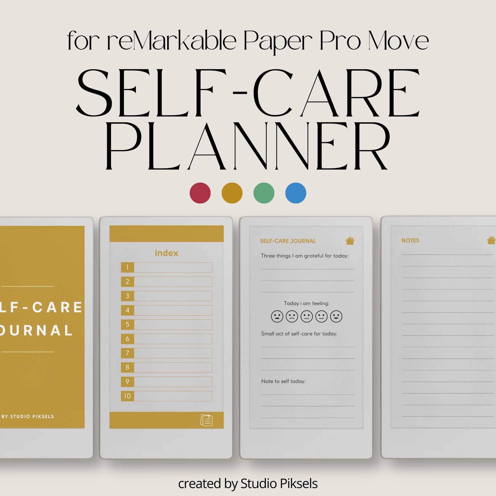 Self-care planner for reMarkable Paper Pro Move used for daily reflection, gratitude journaling, and mindful habit building.