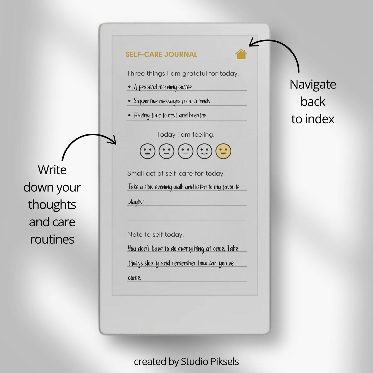 Self-care planner for reMarkable Paper Pro Move used for daily reflection, gratitude journaling, and mindful habit building.