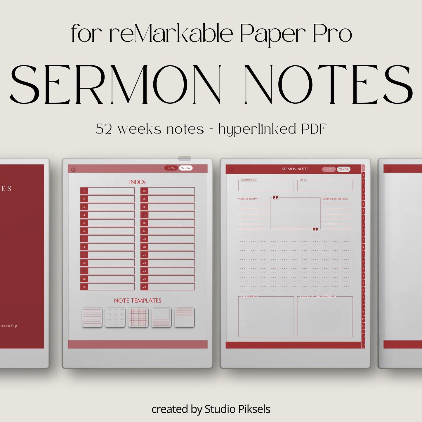 Hyperlinked sermon notes journal for reMarkable Paper Pro with 52 weekly sermon pages and Bible study note layouts designed for digital note taking.
