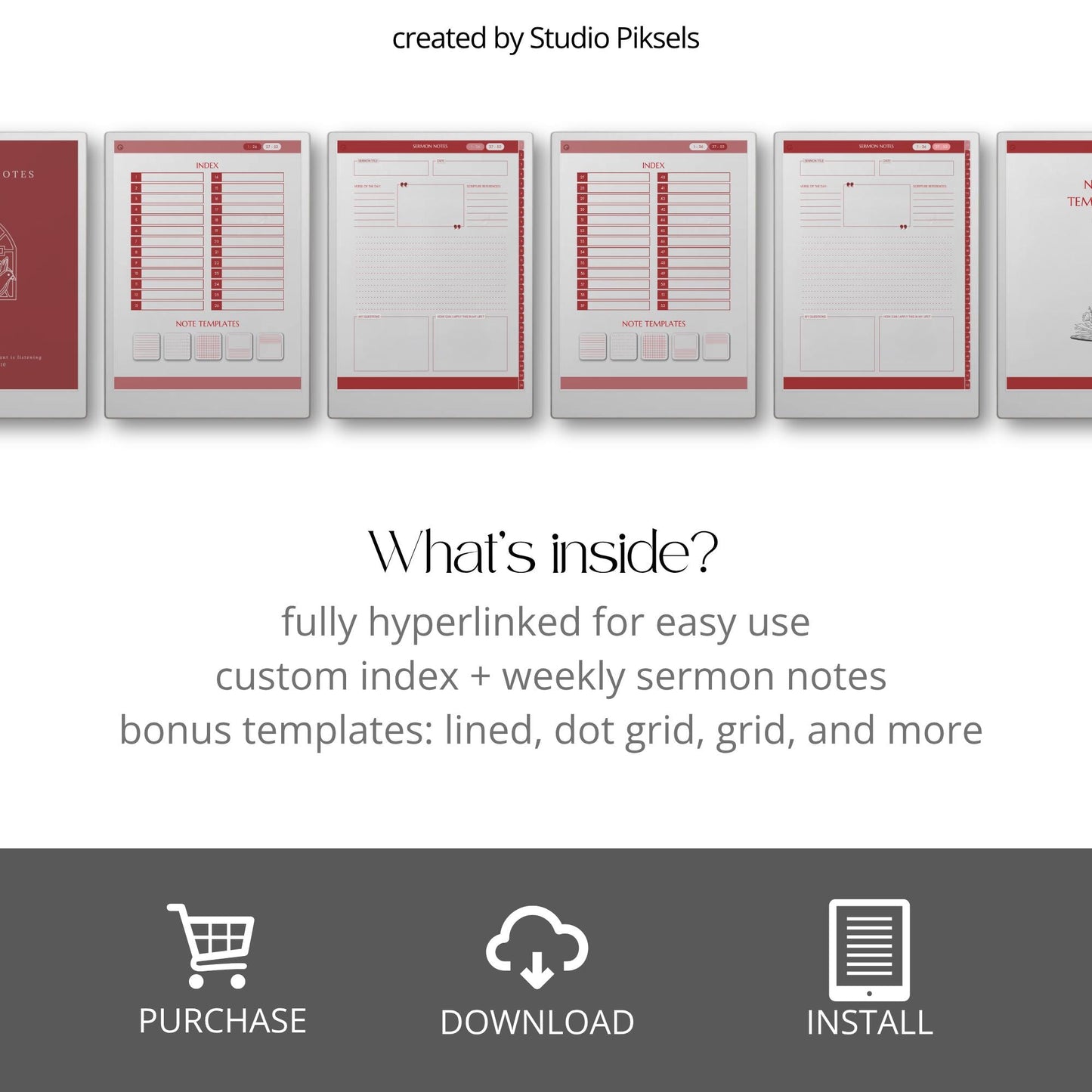 Hyperlinked sermon notes journal for reMarkable Paper Pro with 52 weekly sermon pages and Bible study note layouts designed for digital note taking.