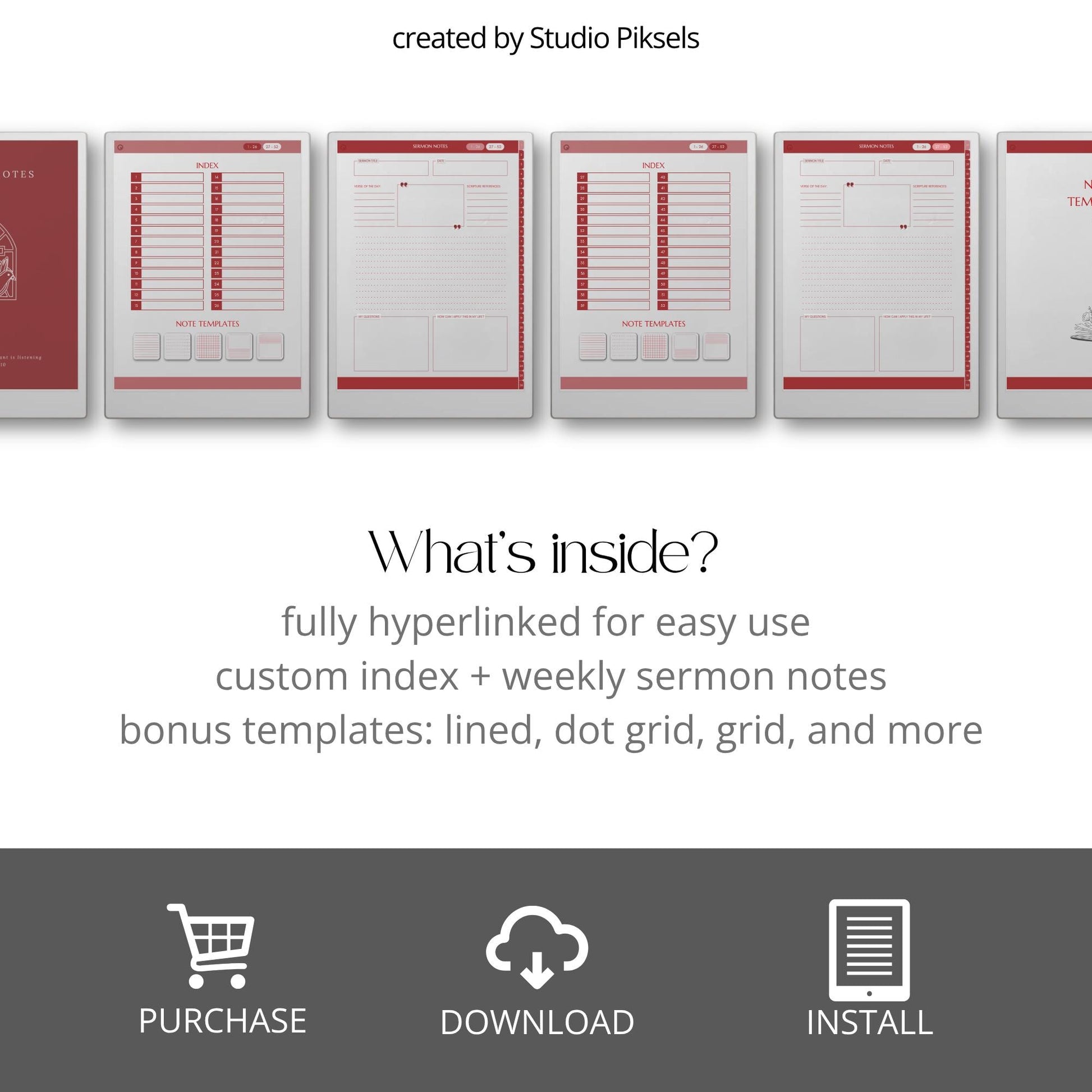 Hyperlinked sermon notes journal for reMarkable Paper Pro with 52 weekly sermon pages and Bible study note layouts designed for digital note taking.