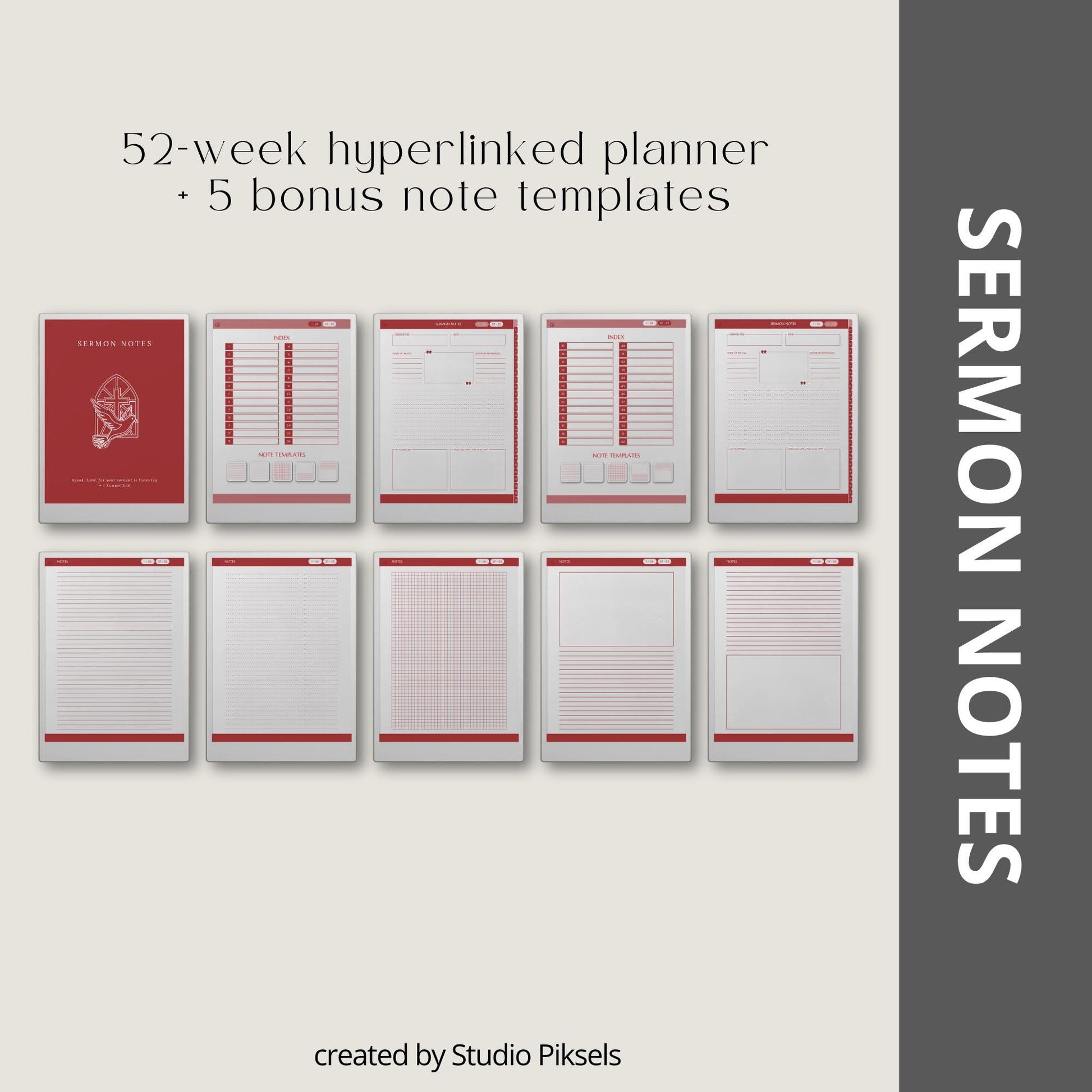 Hyperlinked sermon notes journal for reMarkable Paper Pro with 52 weekly sermon pages and Bible study note layouts designed for digital note taking.