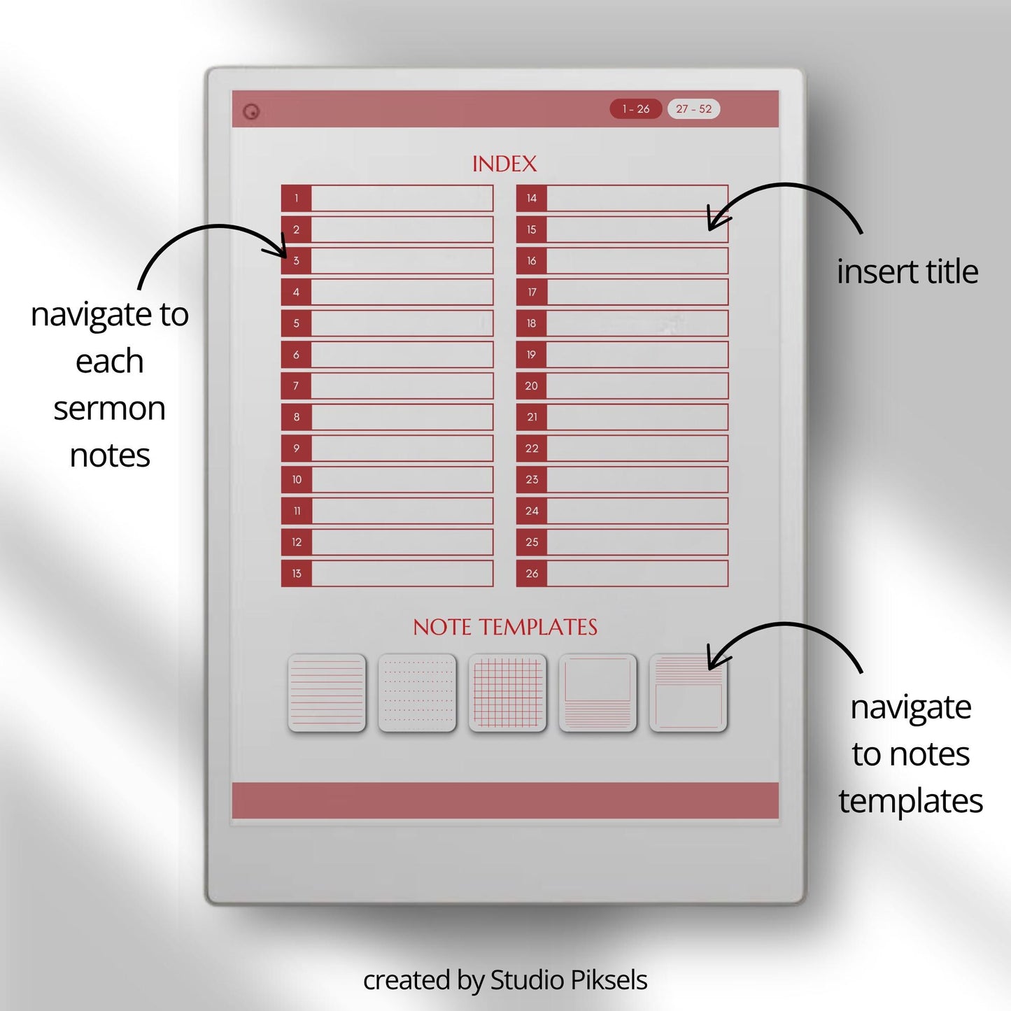 Hyperlinked sermon notes journal for reMarkable Paper Pro with 52 weekly sermon pages and Bible study note layouts designed for digital note taking.