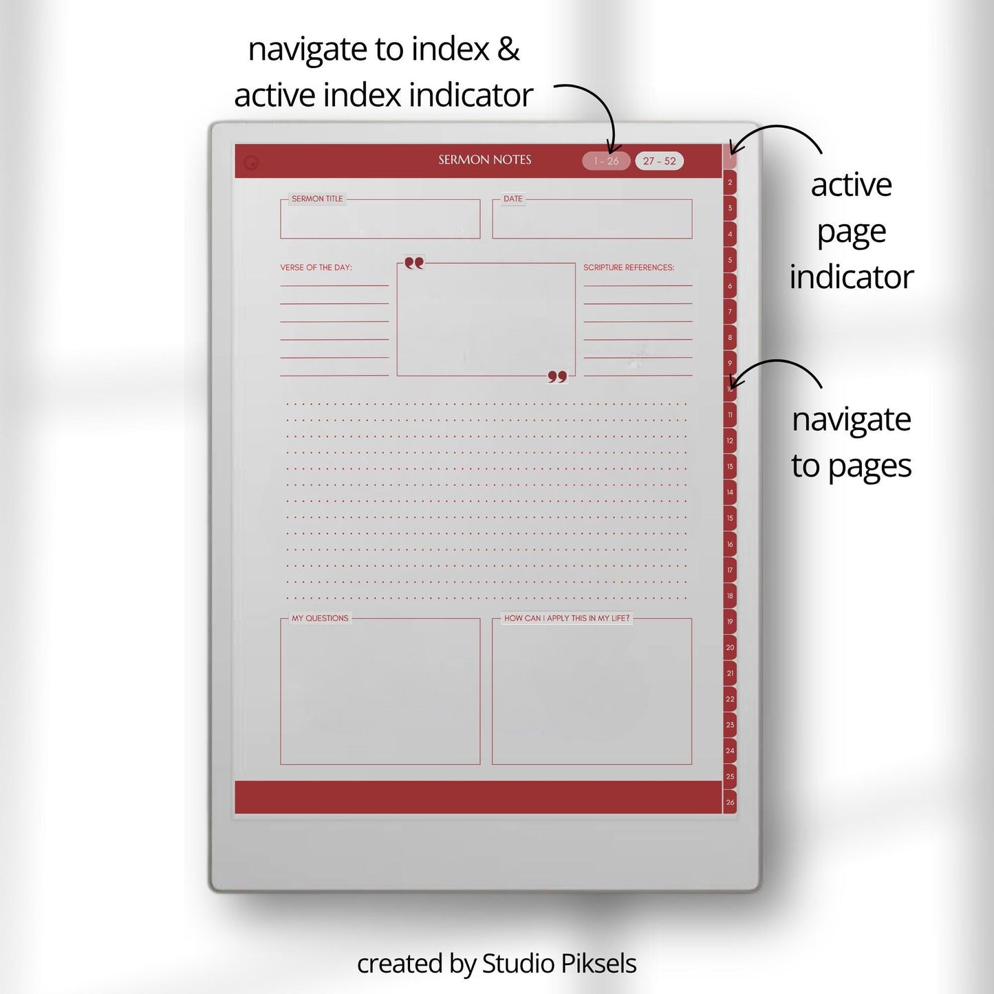 Hyperlinked sermon notes journal for reMarkable Paper Pro with 52 weekly sermon pages and Bible study note layouts designed for digital note taking.