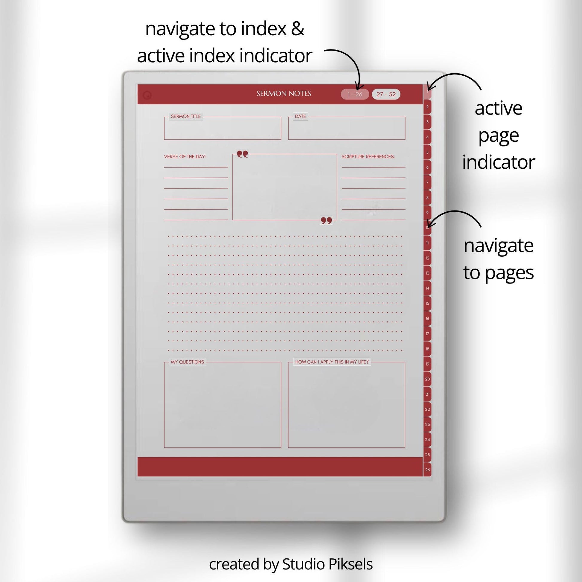 Hyperlinked sermon notes journal for reMarkable Paper Pro with 52 weekly sermon pages and Bible study note layouts designed for digital note taking.