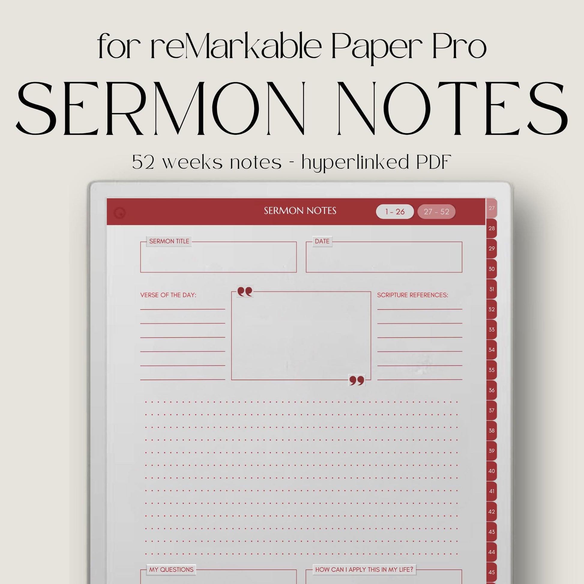 Hyperlinked sermon notes journal for reMarkable Paper Pro with 52 weekly sermon pages and Bible study note layouts designed for digital note taking.