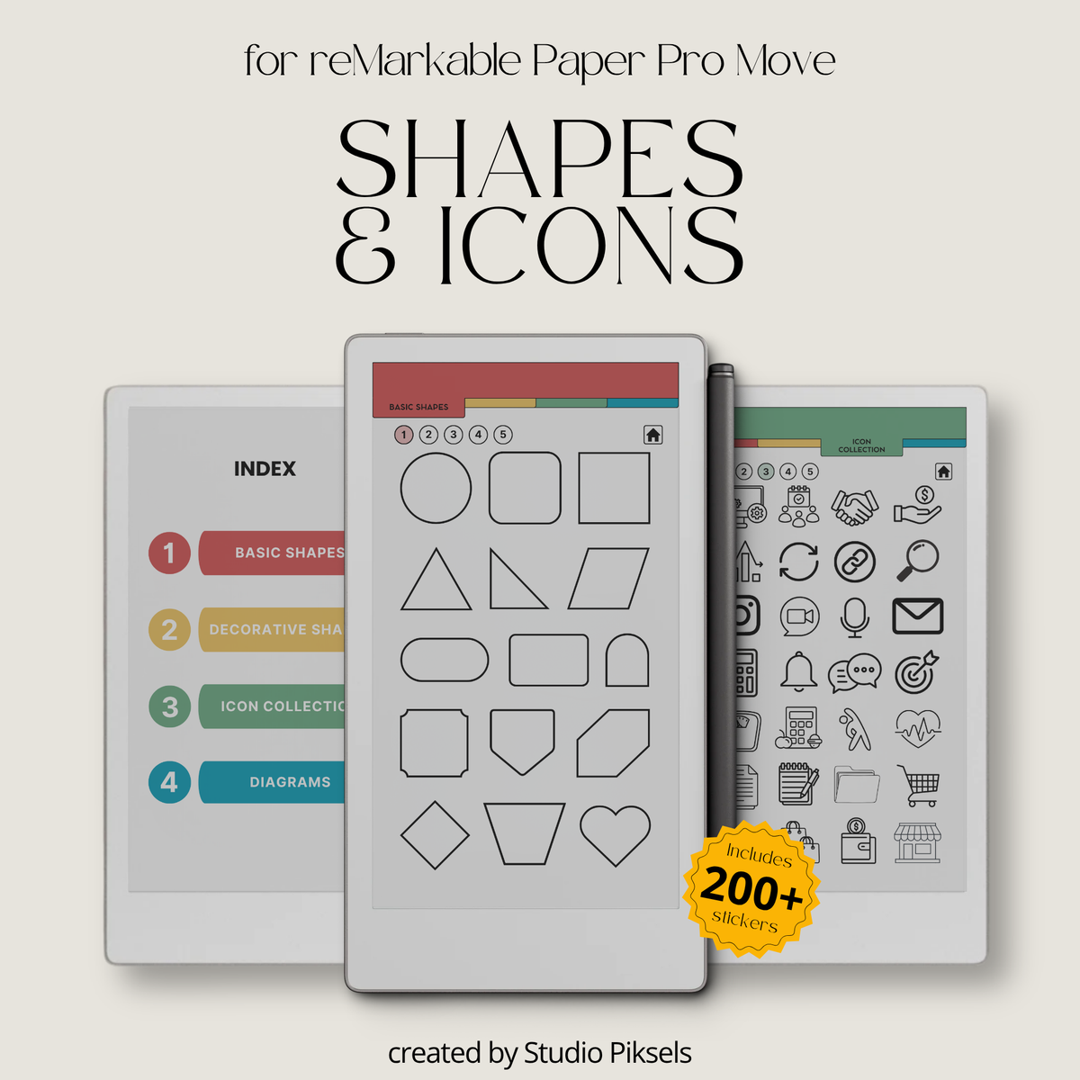 Shape and Icon Stickers for reMarkable Paper Pro Move with 205 reusable shapes, functional icons and diagrams for planners, notebooks, journals and notes.