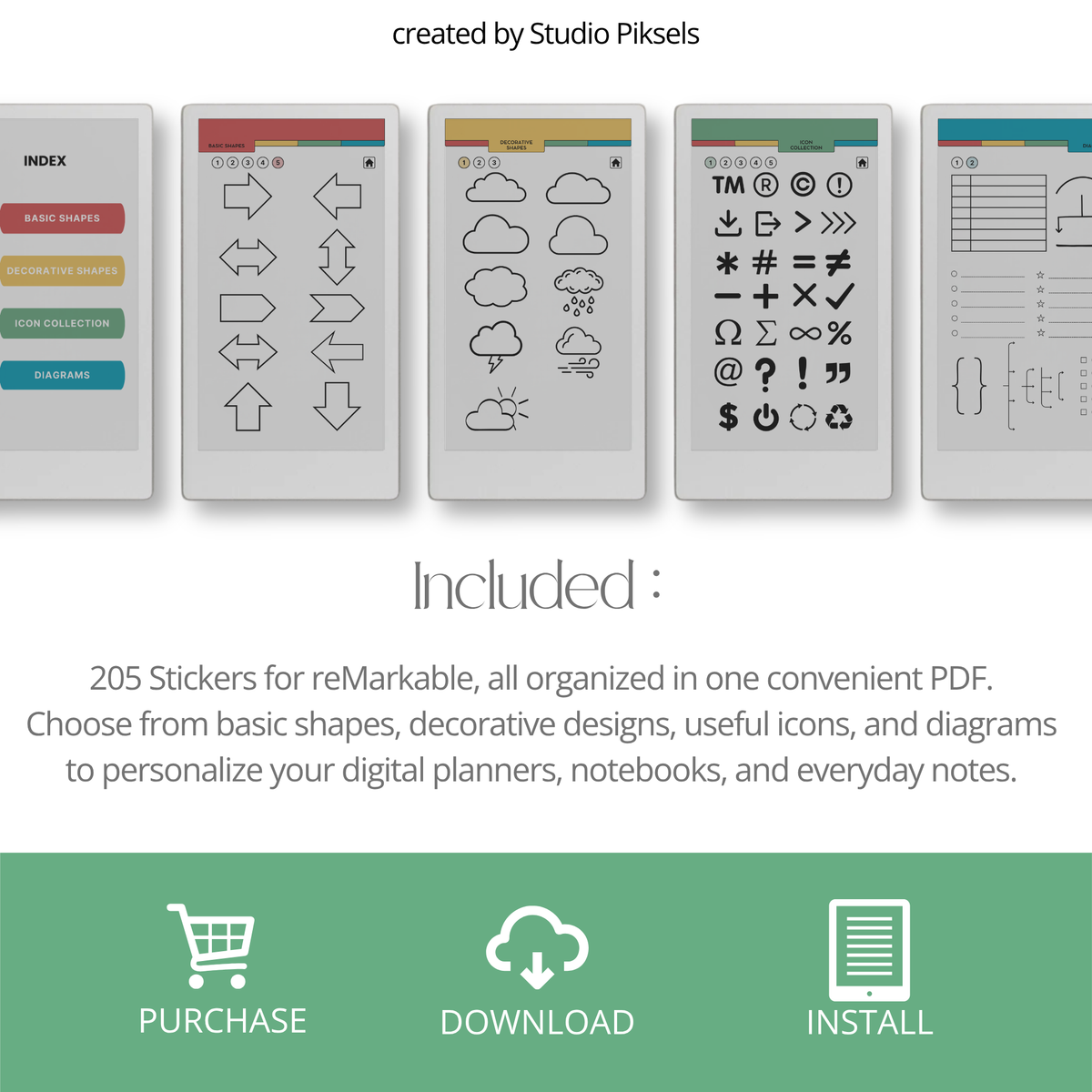 Shape and Icon Stickers for reMarkable Paper Pro Move with 205 reusable shapes, functional icons and diagrams for planners, notebooks, journals and notes.