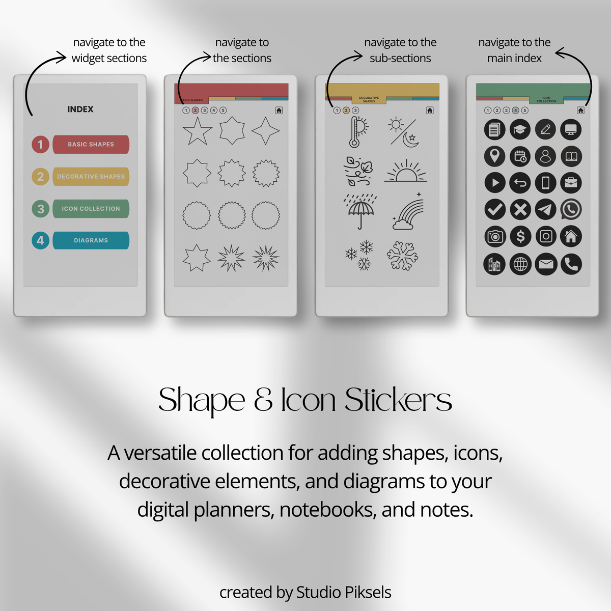 Shape and Icon Stickers for reMarkable Paper Pro Move with 205 reusable shapes, functional icons and diagrams for planners, notebooks, journals and notes.