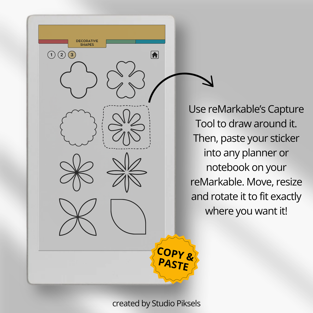 Shape and Icon Stickers for reMarkable Paper Pro Move with 205 reusable shapes, functional icons and diagrams for planners, notebooks, journals and notes.