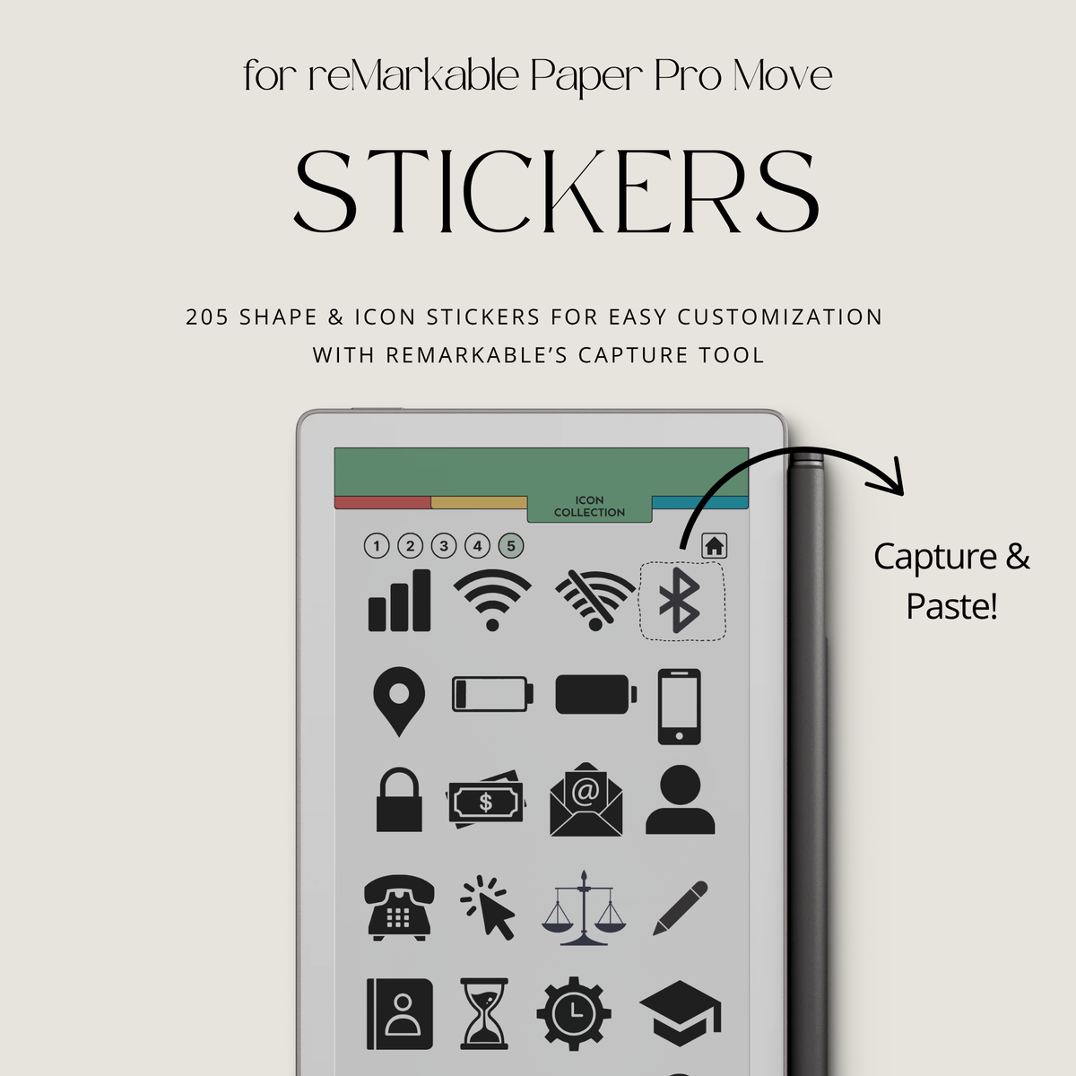 Shape and Icon Stickers for reMarkable Paper Pro Move with 205 reusable shapes, functional icons and diagrams for planners, notebooks, journals and notes.
