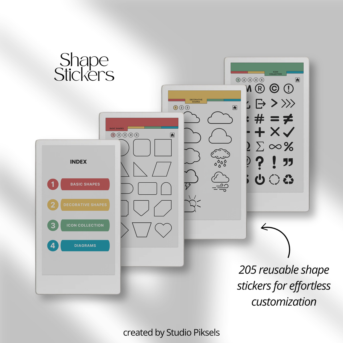 Shape and Icon Stickers for reMarkable Paper Pro Move with 205 reusable shapes, functional icons and diagrams for planners, notebooks, journals and notes.
