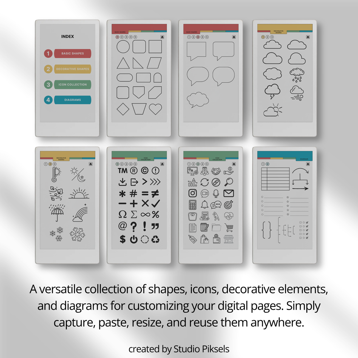 Shape and Icon Stickers for reMarkable Paper Pro Move with 205 reusable shapes, functional icons and diagrams for planners, notebooks, journals and notes.