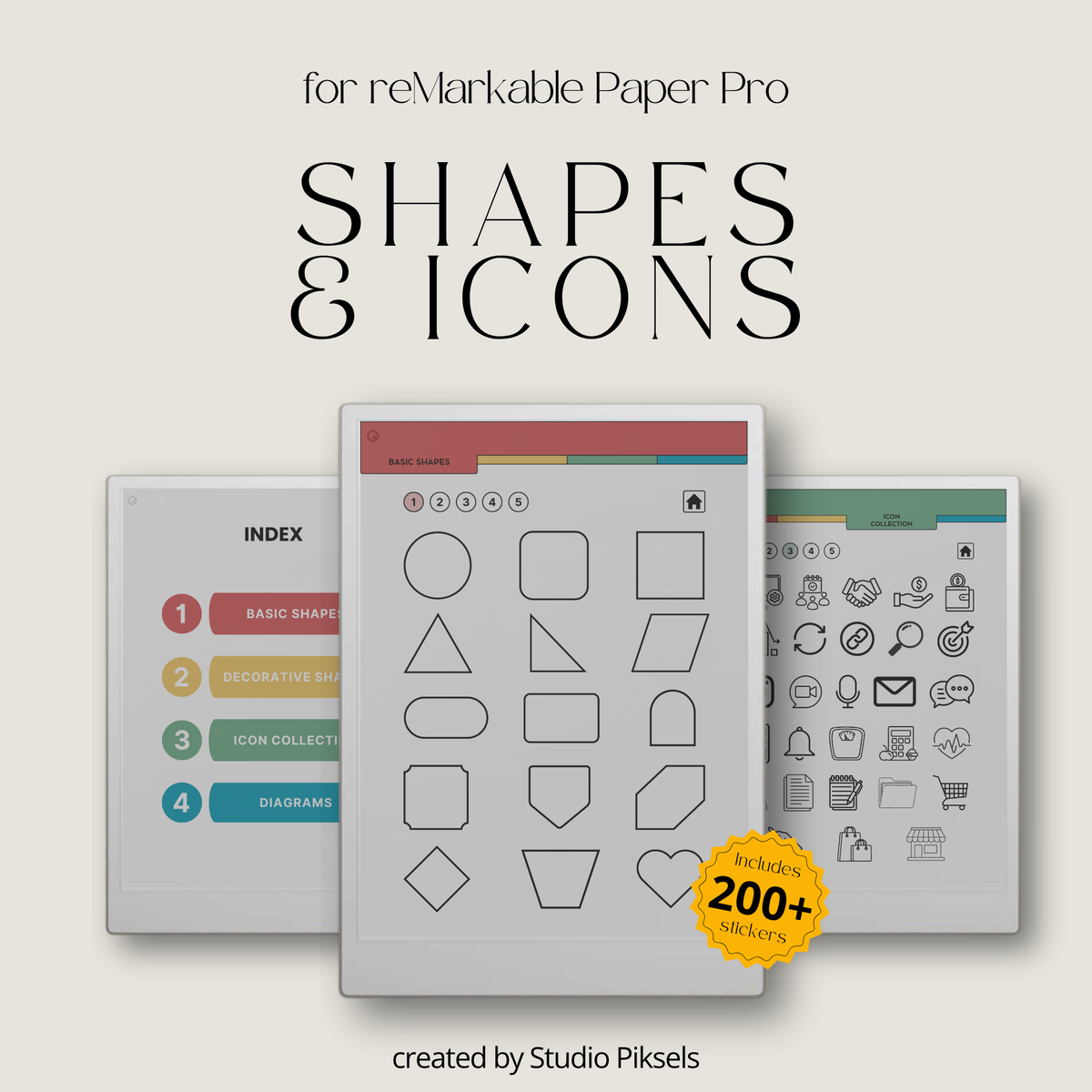 Shape and Icon Stickers for reMarkable Paper Pro with 205 reusable shapes, functional icons and diagrams for planners, notebooks, journals and notes.