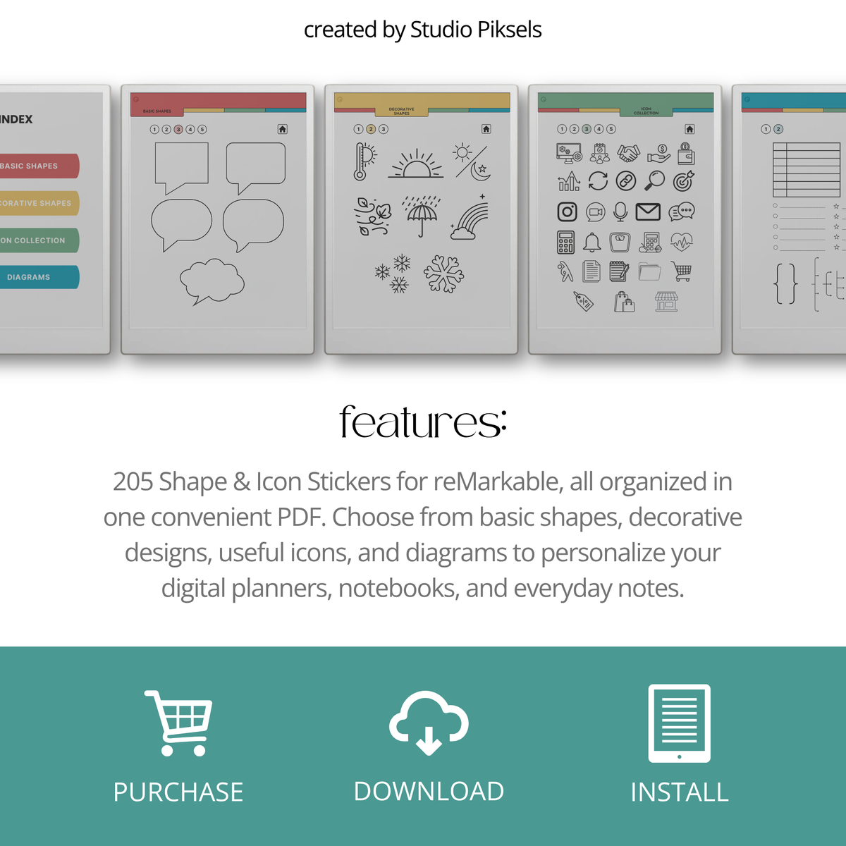 Shape and Icon Stickers for reMarkable Paper Pro with 205 reusable shapes, functional icons and diagrams for planners, notebooks, journals and notes.