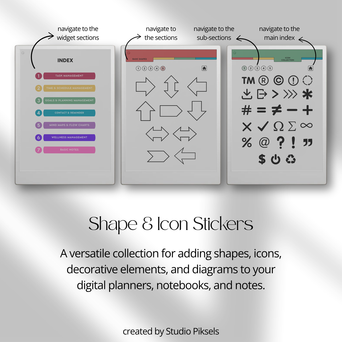 Shape and Icon Stickers for reMarkable Paper Pro with 205 reusable shapes, functional icons and diagrams for planners, notebooks, journals and notes.