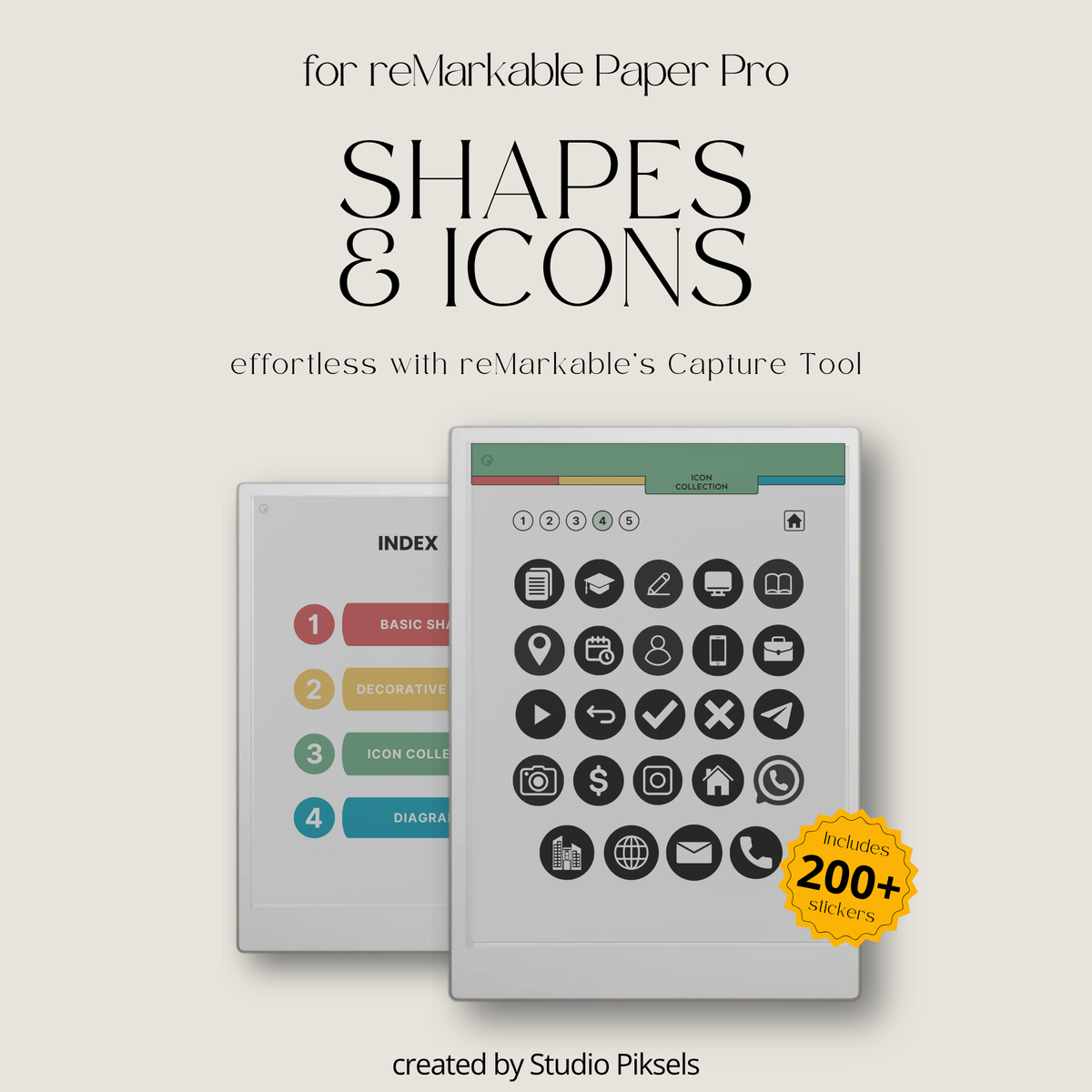 Shape and Icon Stickers for reMarkable Paper Pro with 205 reusable shapes, functional icons and diagrams for planners, notebooks, journals and notes.