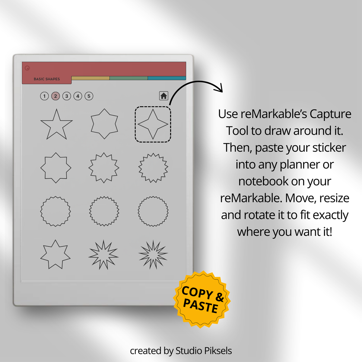 Shape and Icon Stickers for reMarkable Paper Pro with 205 reusable shapes, functional icons and diagrams for planners, notebooks, journals and notes.