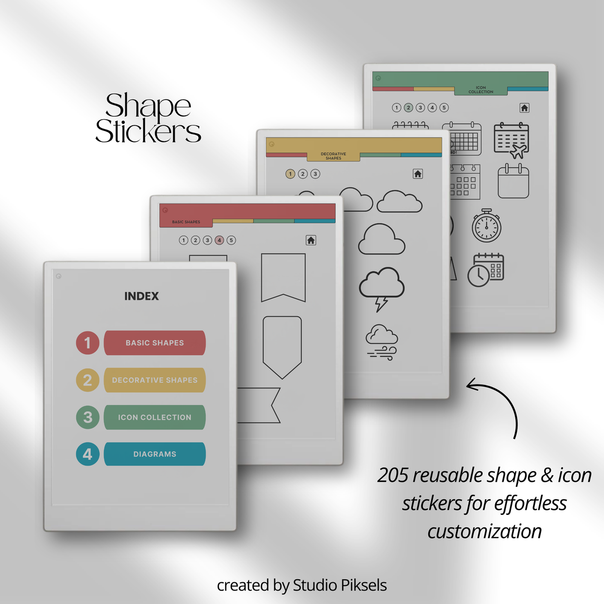 Shape and Icon Stickers for reMarkable Paper Pro with 205 reusable shapes, functional icons and diagrams for planners, notebooks, journals and notes.