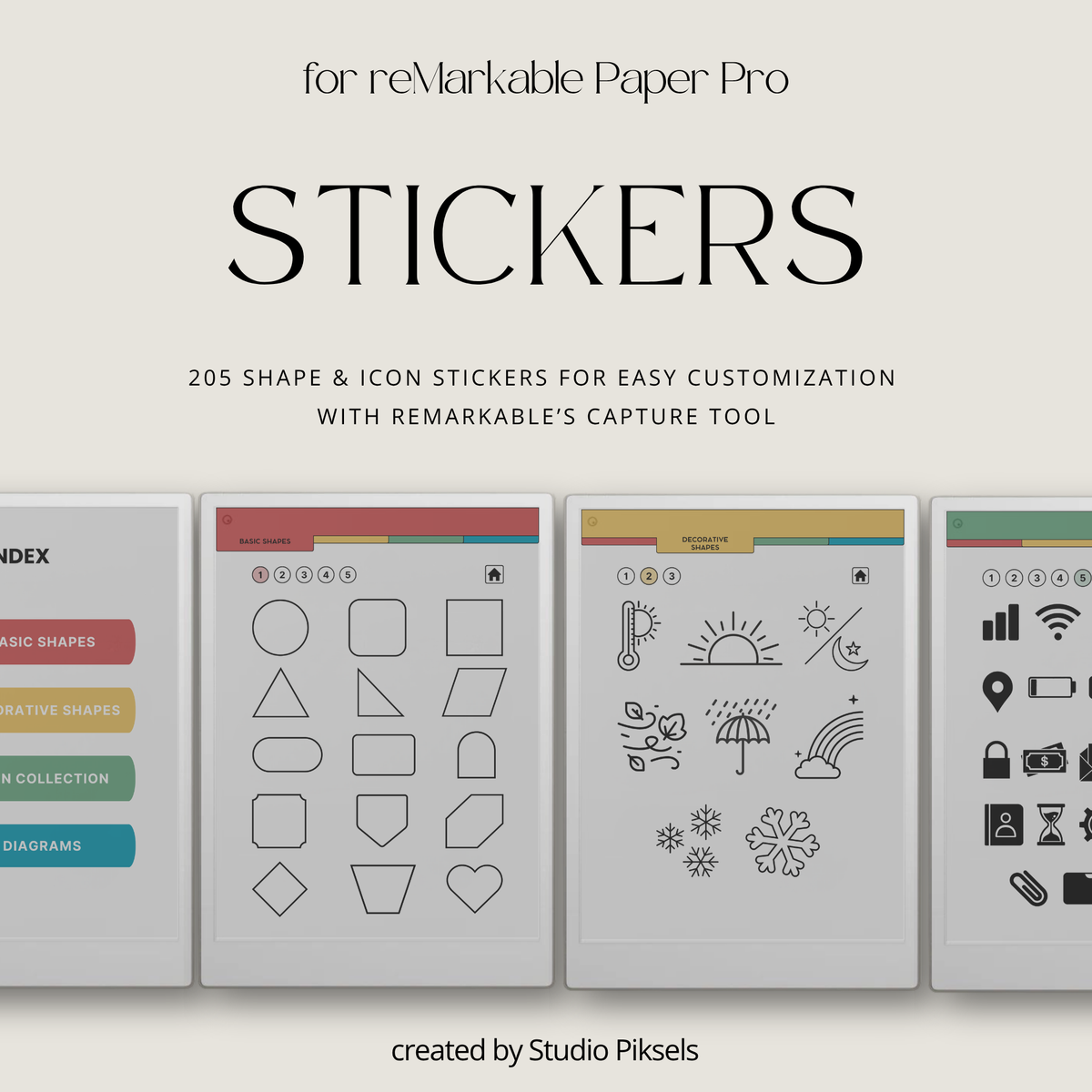 Shape and Icon Stickers for reMarkable Paper Pro with 205 reusable shapes, functional icons and diagrams for planners, notebooks, journals and notes.