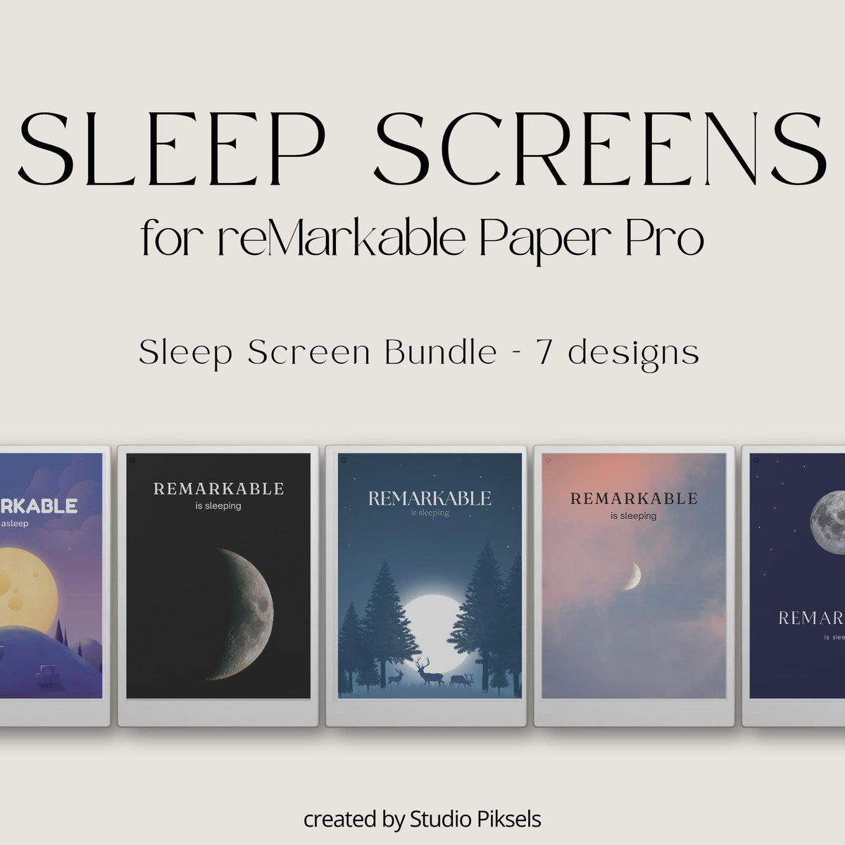 Enhance your reMarkable Paper Pro with this bundle of seven celestial-inspired sleep screens. Featuring moons, starry skies, and tranquil forest scenes, each design brings a peaceful and relaxing display to your device.