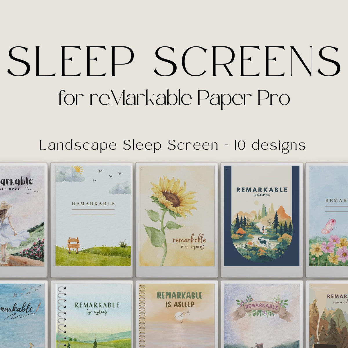 Landscape sleep screen bundle for reMarkable Paper Pro featuring watercolor nature scenes with forests, gardens, lakes, and peaceful outdoor artwork designed for calming E Ink device customization.