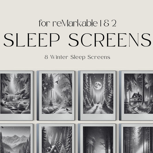 Winter Sleep Screen Bundle for reMarkable with 8 grayscale winter-themed sleep screens featuring snowy landscapes, cozy cabins, forest scenes, and peaceful seasonal artwork optimized for E Ink displays.